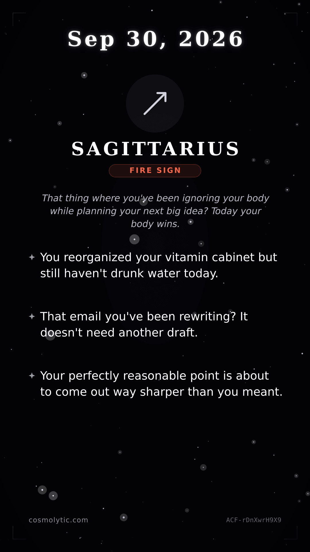Sagittarius daily horoscope card for September 30, 2026