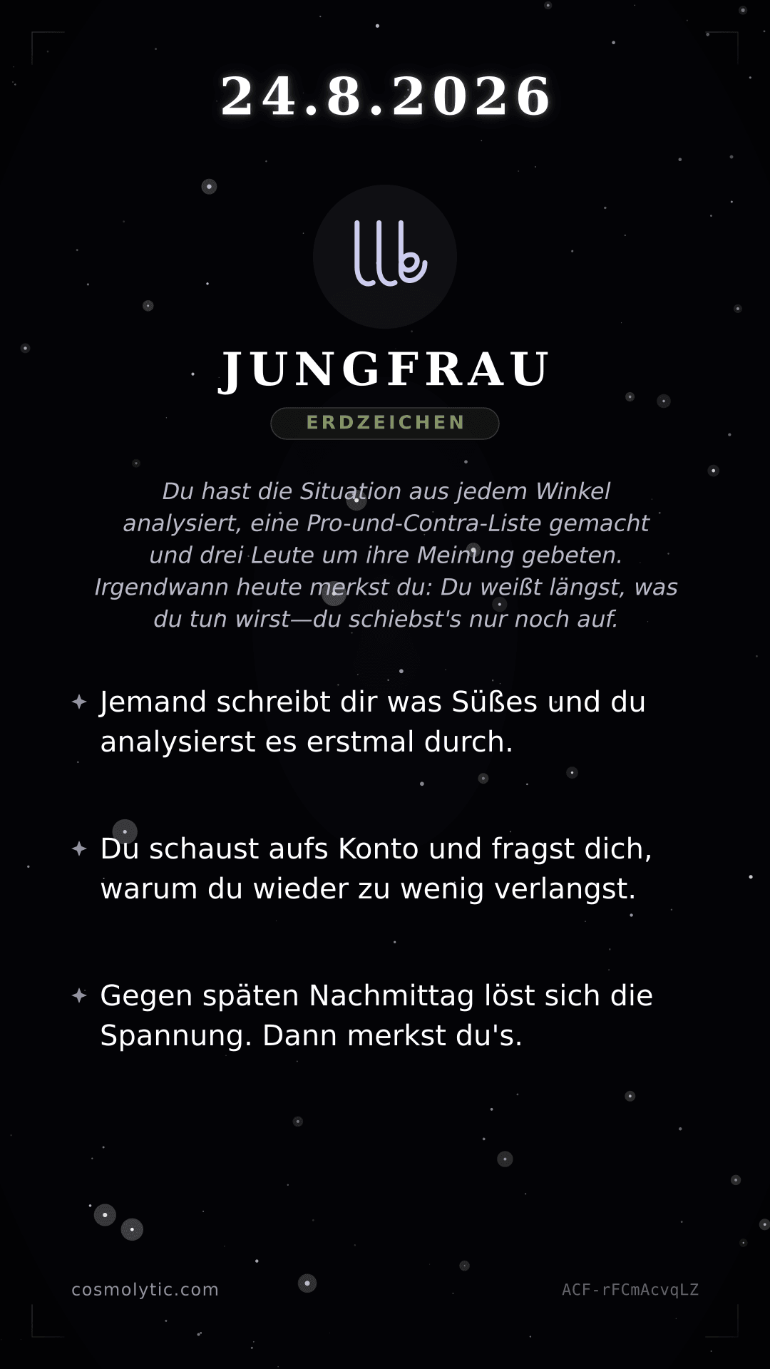 Jungfrau Tageshoroskop-Karte für 24. August 2026