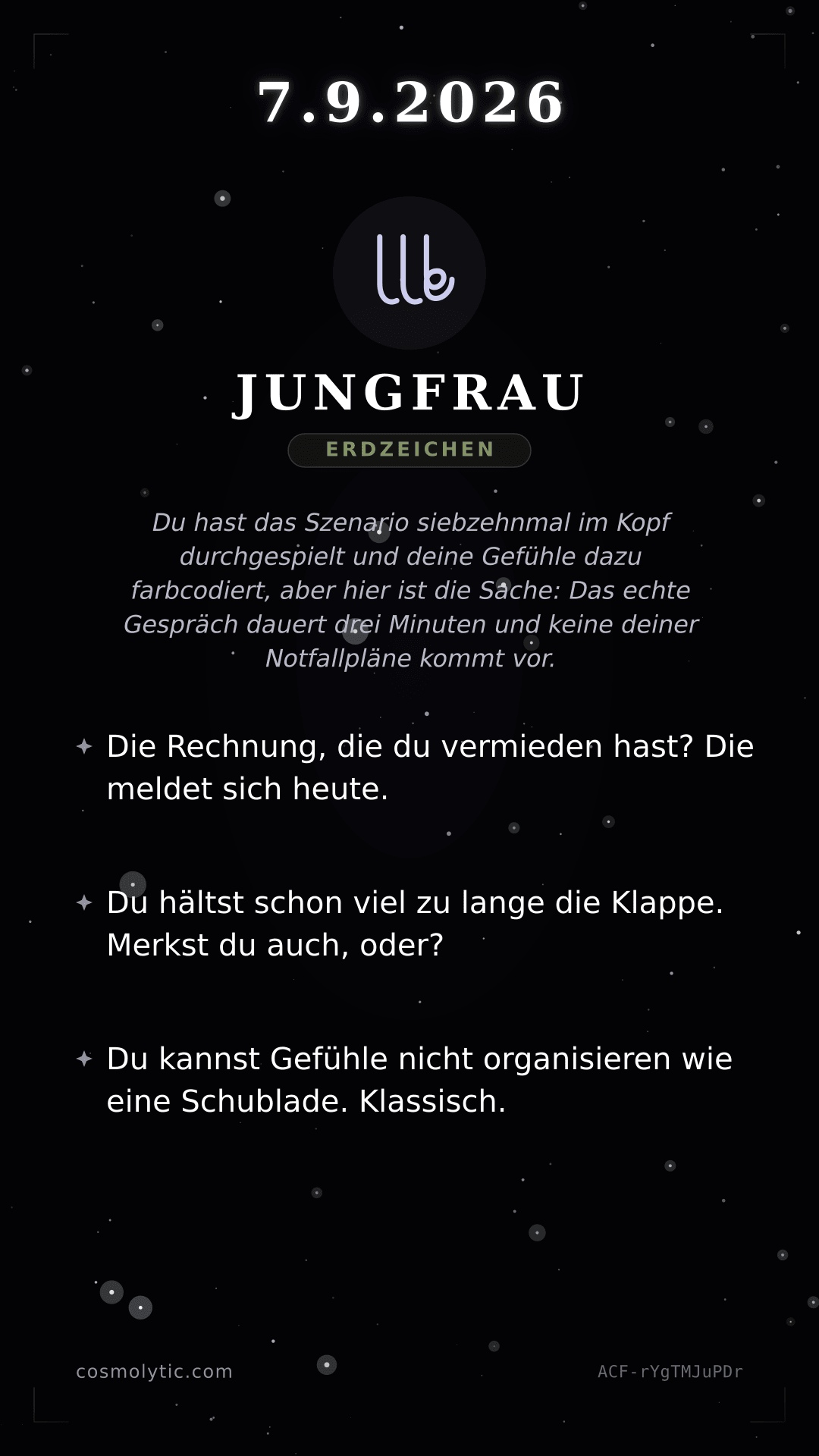Jungfrau Tageshoroskop-Karte für 7. September 2026