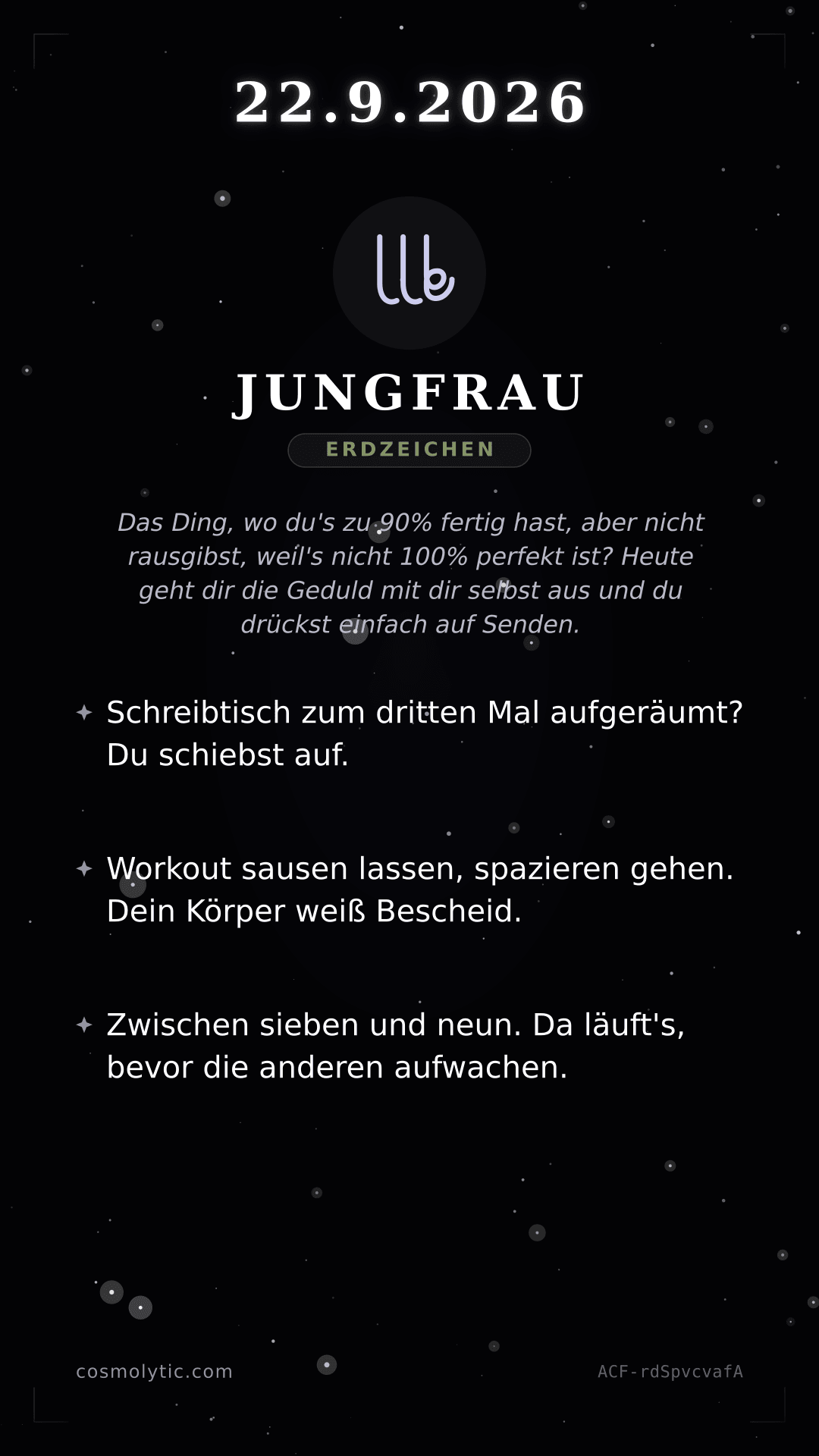 Jungfrau Tageshoroskop-Karte für 22. September 2026