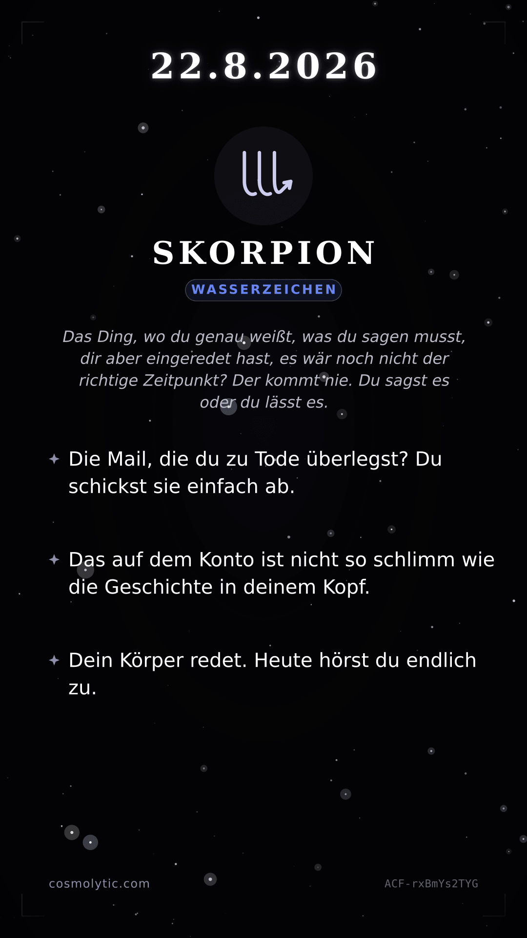 Skorpion Tageshoroskop-Karte für 22. August 2026