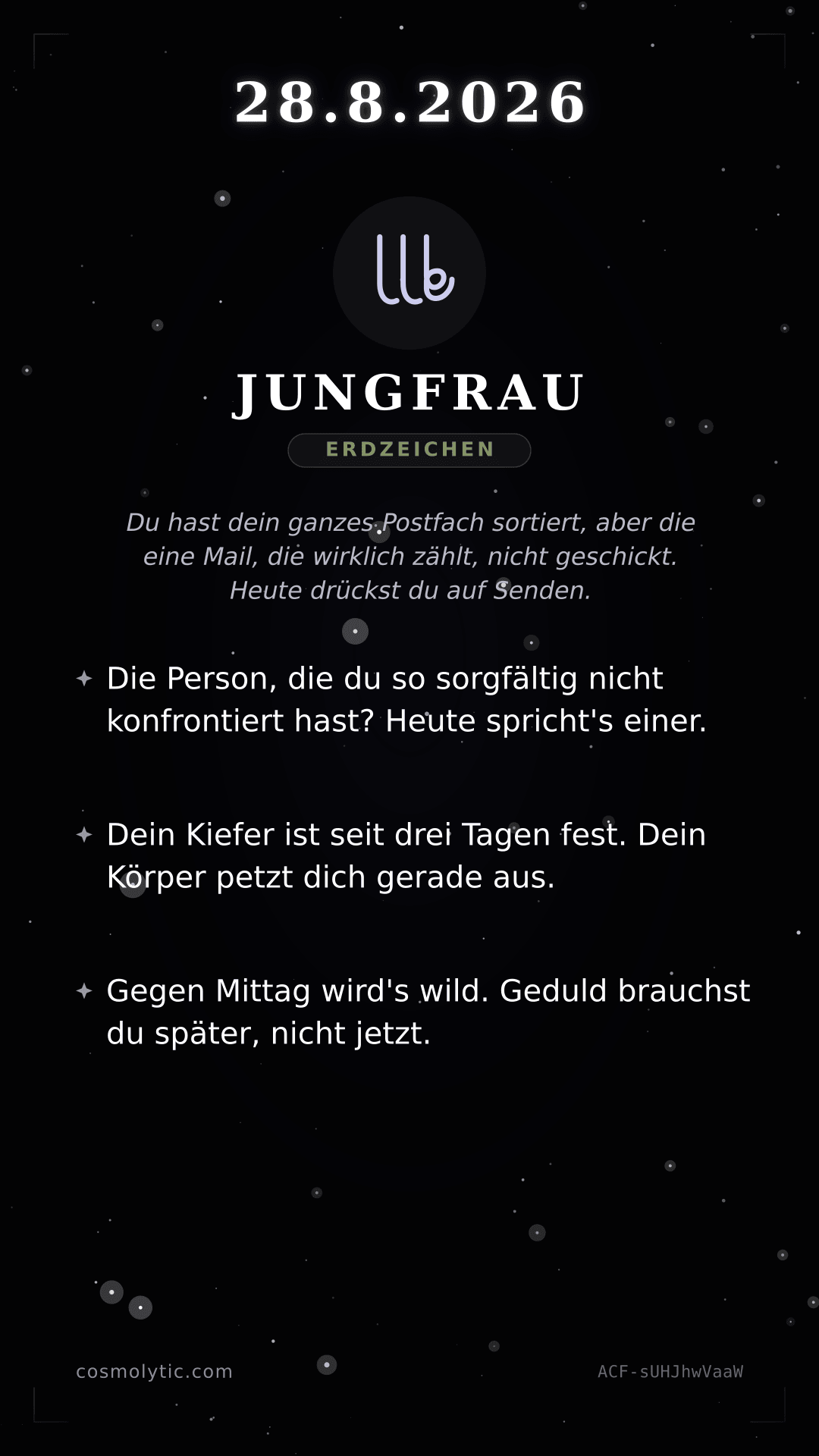 Jungfrau Tageshoroskop-Karte für 28. August 2026