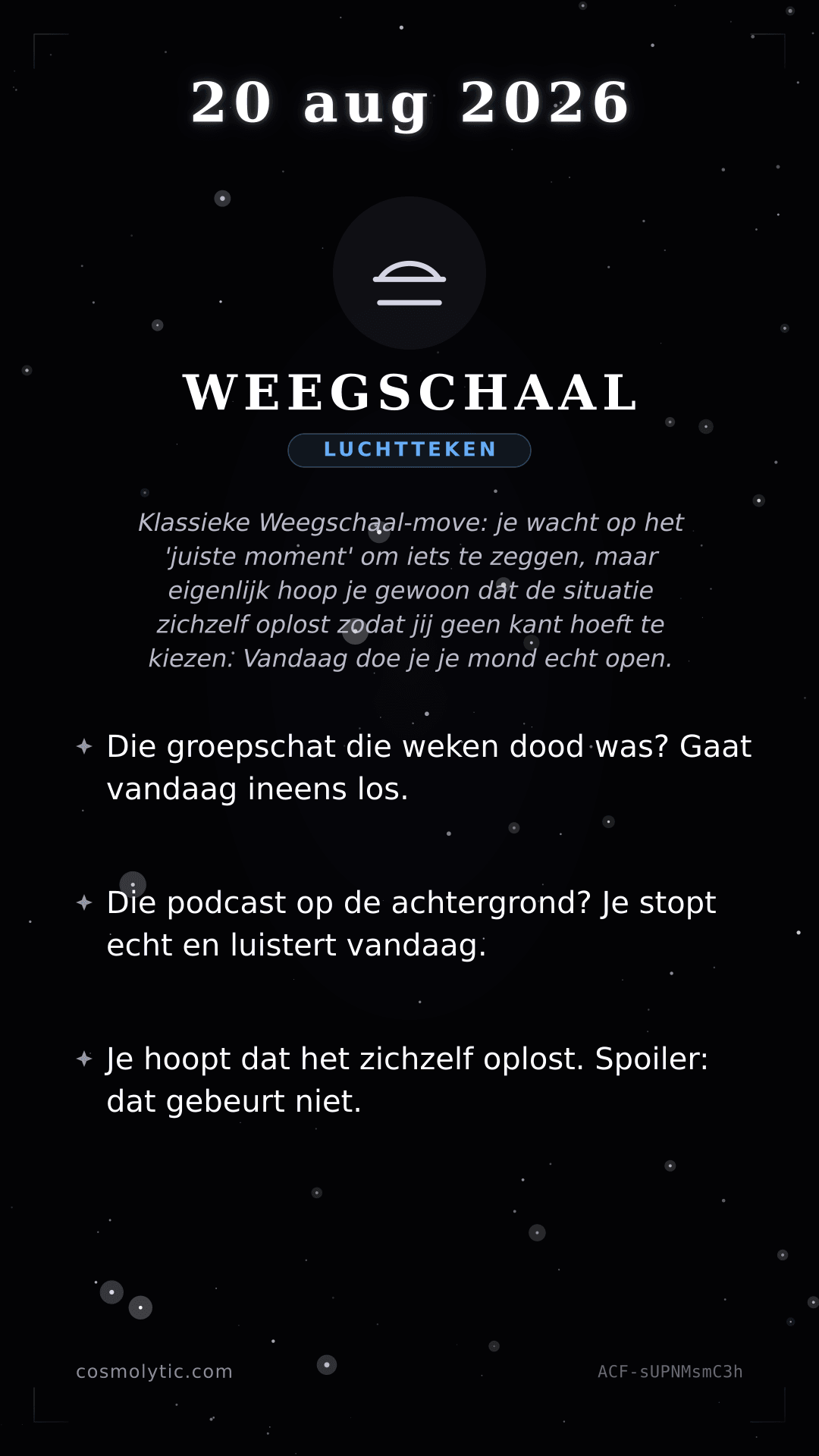 Weegschaal daghoroscoop kaart voor 20 augustus 2026