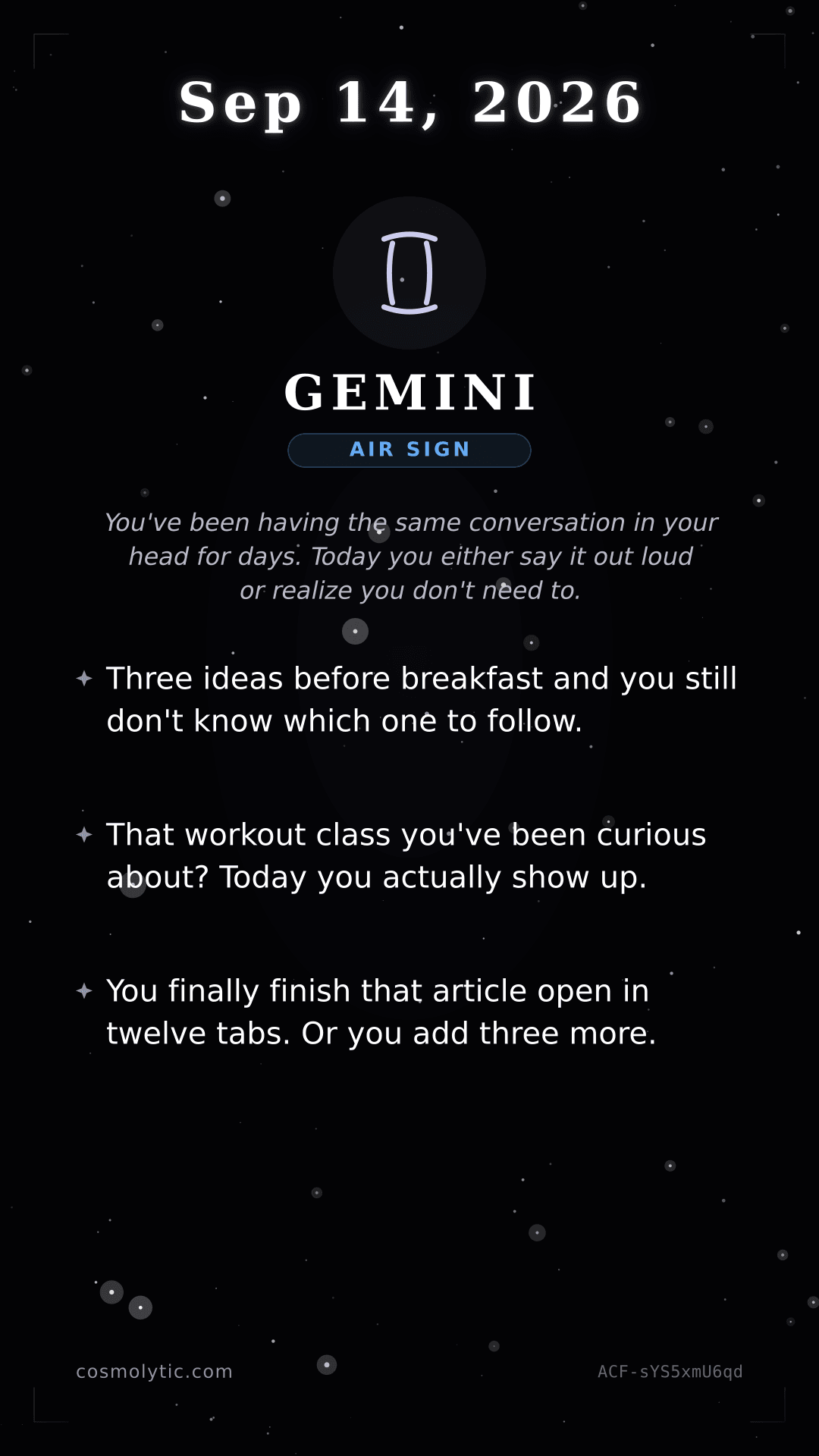 Gemini daily horoscope card for September 14, 2026