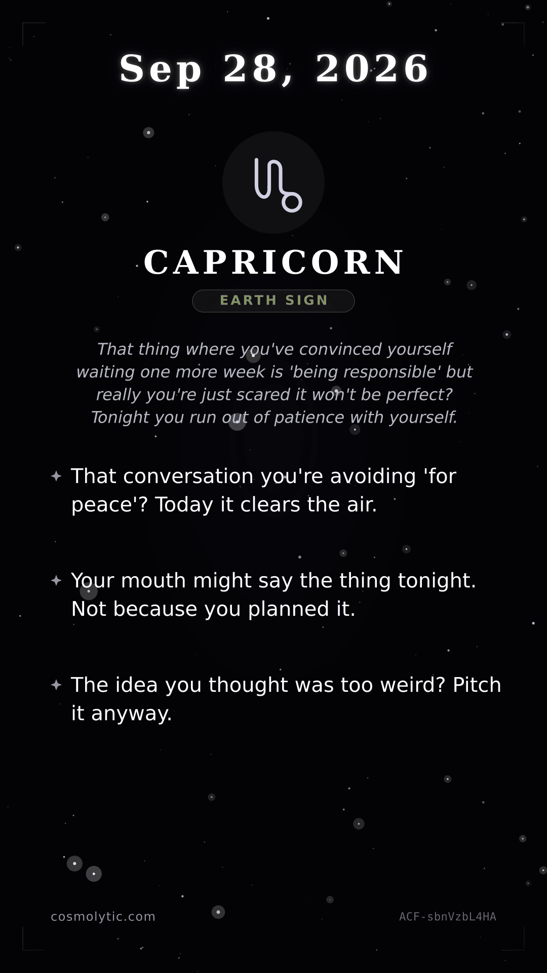 Capricorn daily horoscope card for September 28, 2026