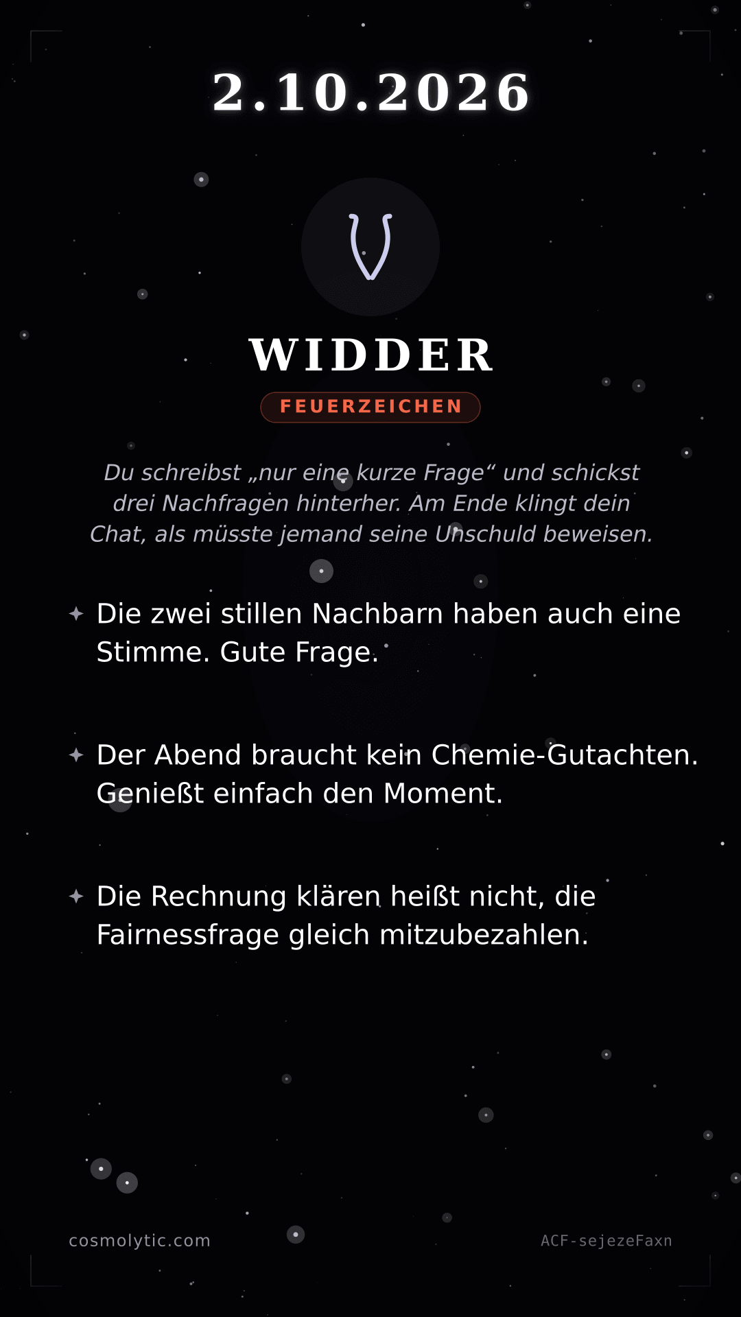 Widder Tageshoroskop-Karte für 2. Oktober 2026