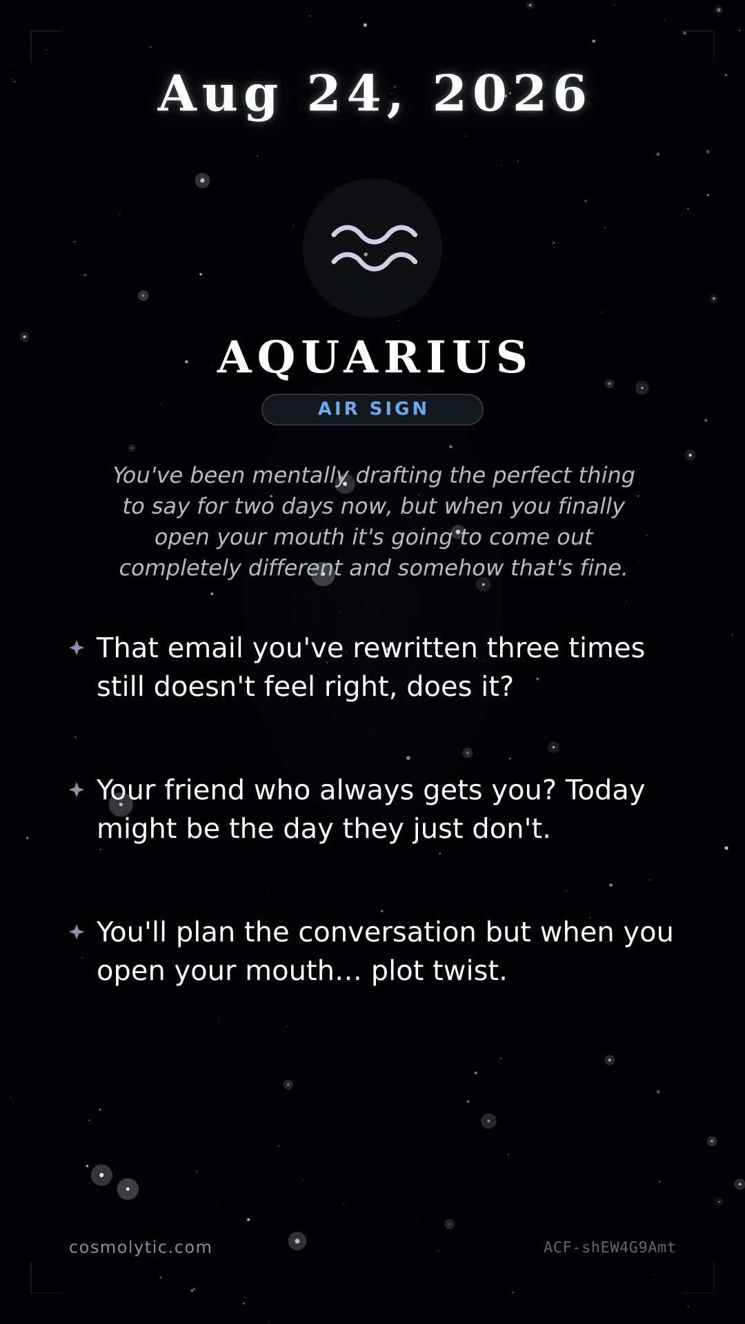 Aquarius daily horoscope card for August 24, 2026