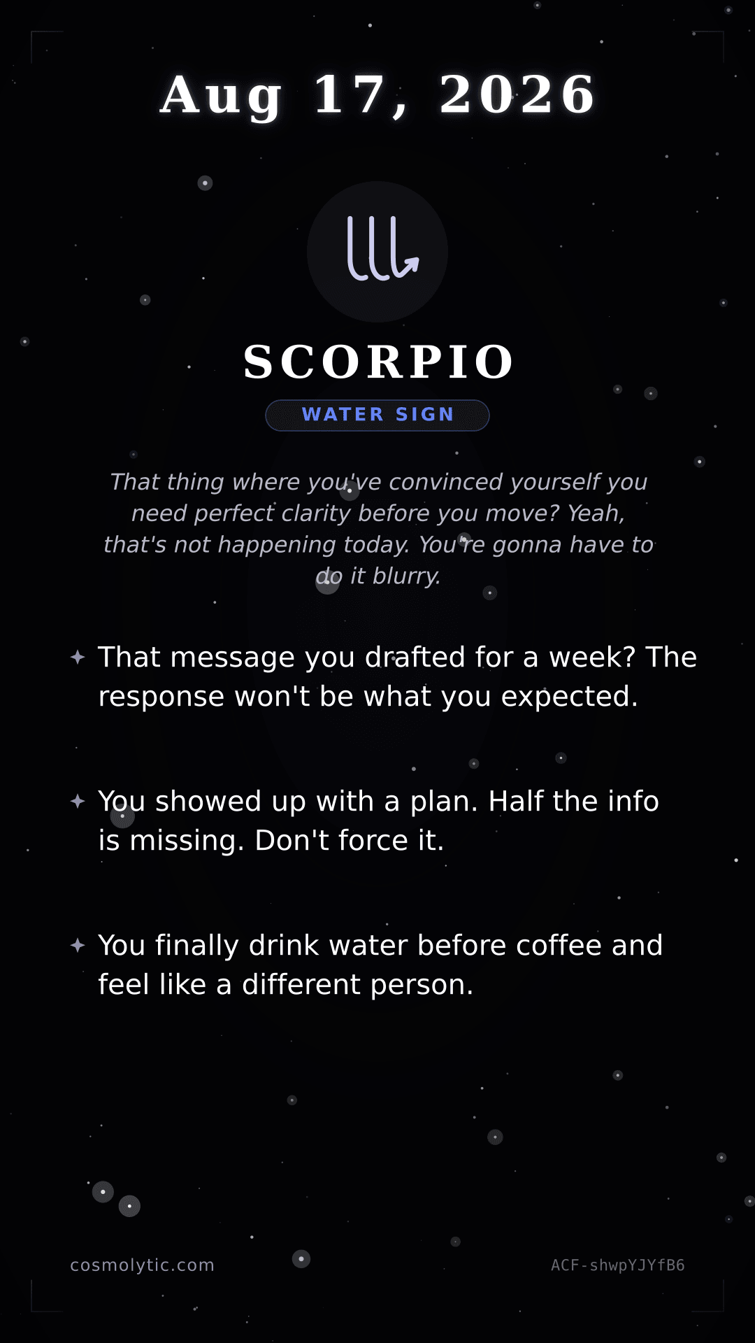 Scorpio daily horoscope card for August 17, 2026