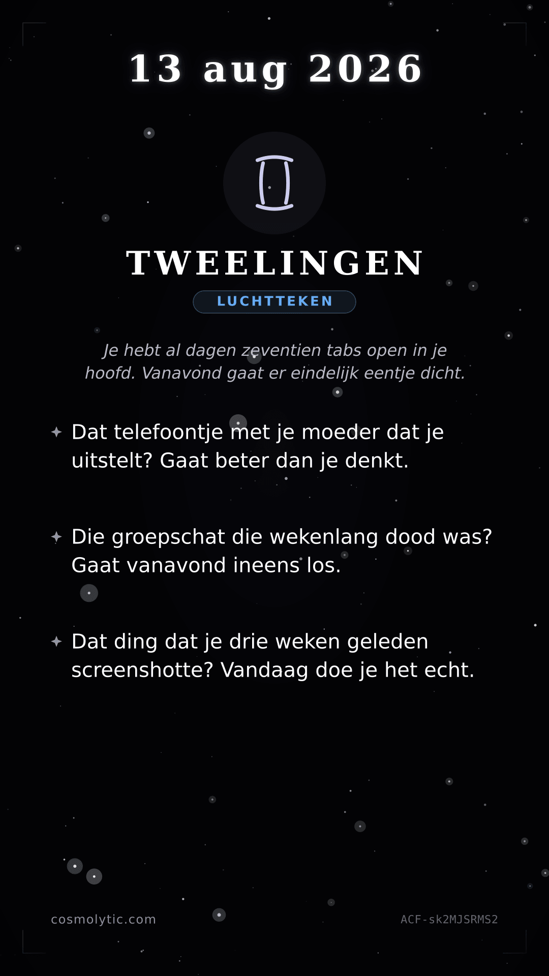 Tweelingen daghoroscoop kaart voor 13 augustus 2026