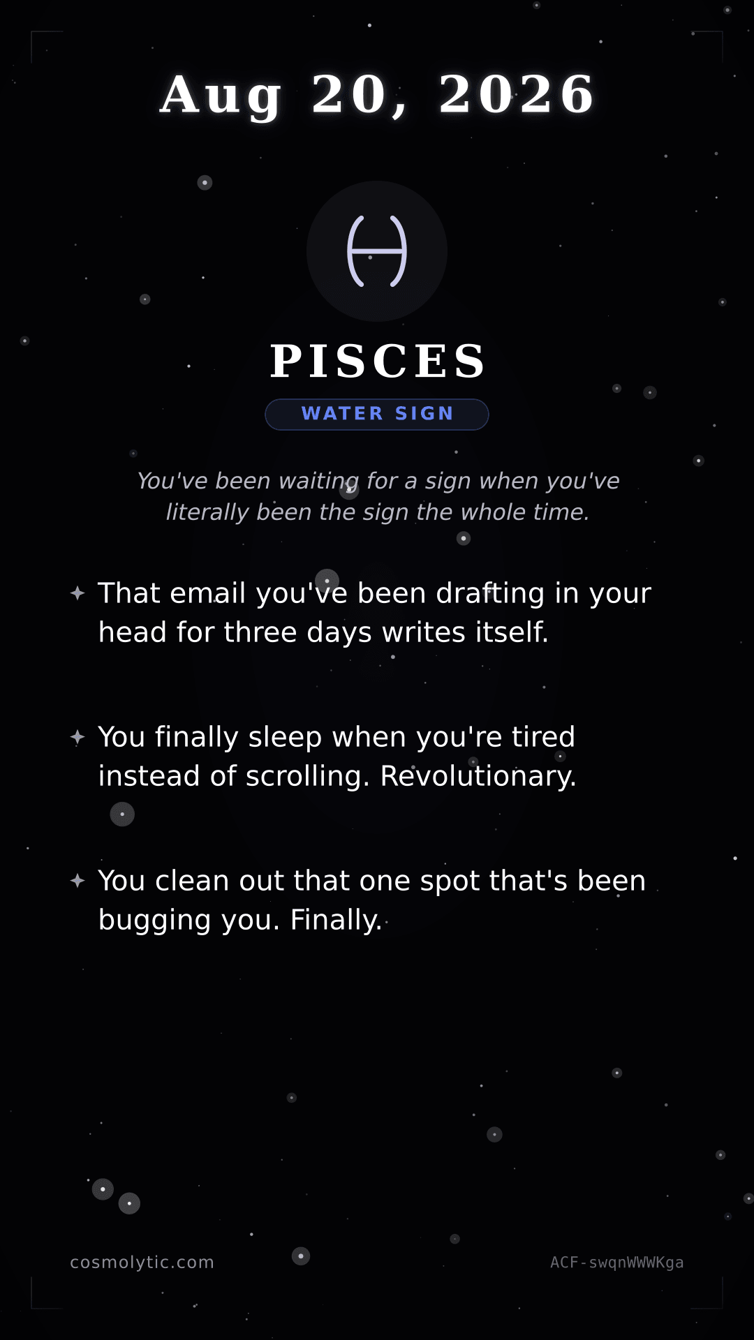 Pisces daily horoscope card for August 20, 2026