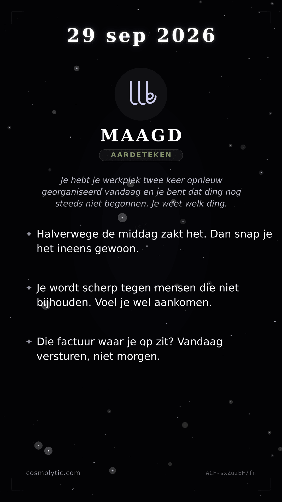 Maagd daghoroscoop kaart voor 29 september 2026