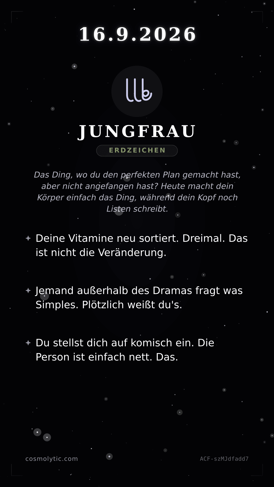 Jungfrau Tageshoroskop-Karte für 16. September 2026