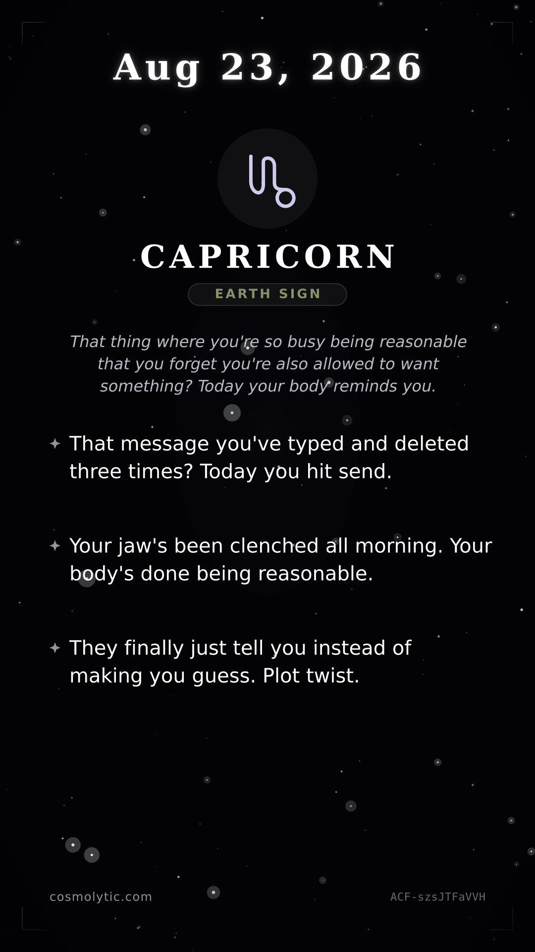 Capricorn daily horoscope card for August 23, 2026