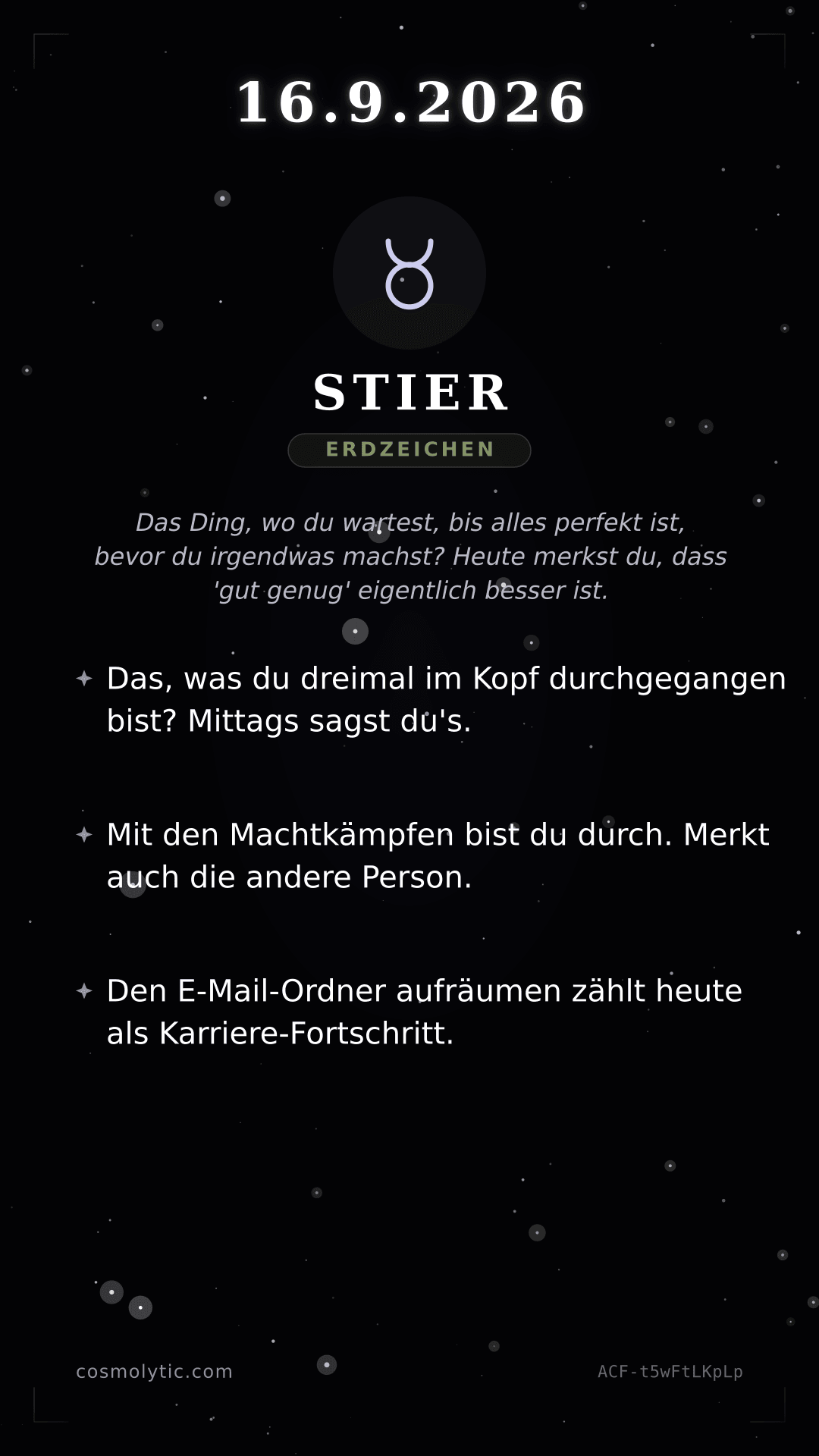 Stier Tageshoroskop-Karte für 16. September 2026