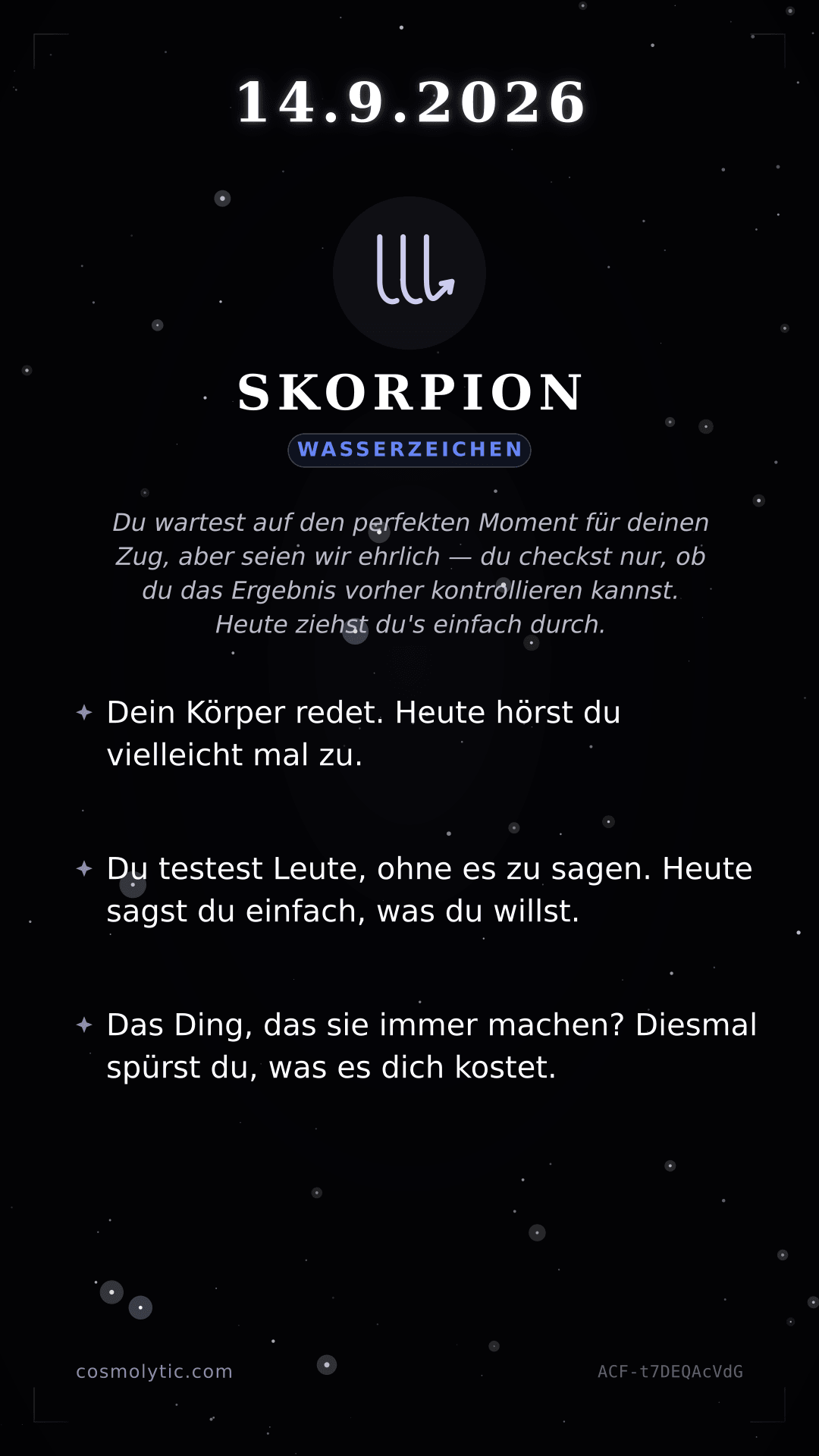 Skorpion Tageshoroskop-Karte für 14. September 2026
