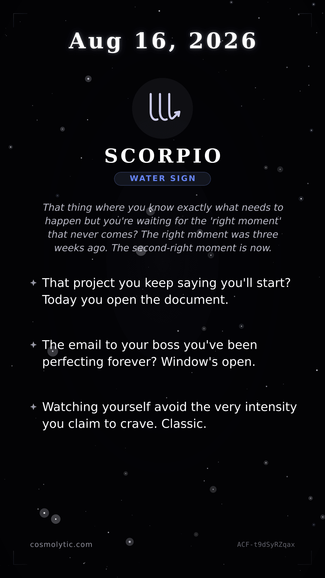 Scorpio daily horoscope card for August 16, 2026