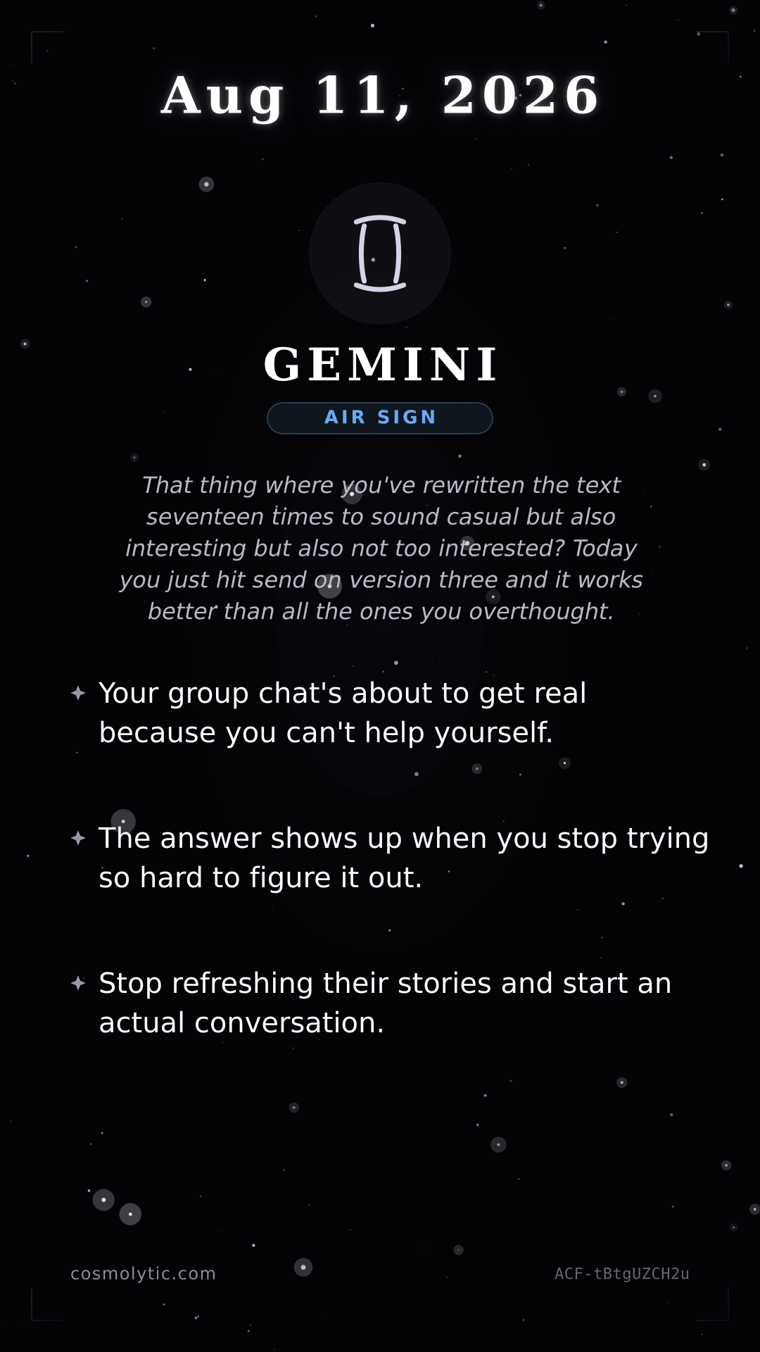 Gemini daily horoscope card for August 11, 2026