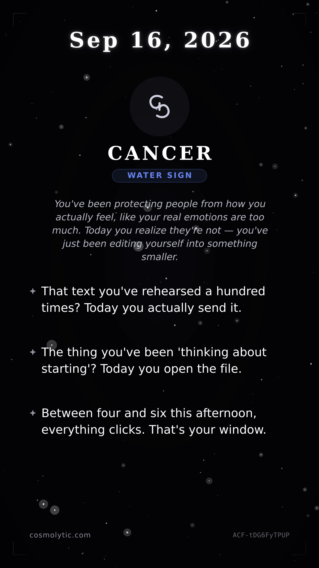 Cancer daily horoscope card for September 16, 2026