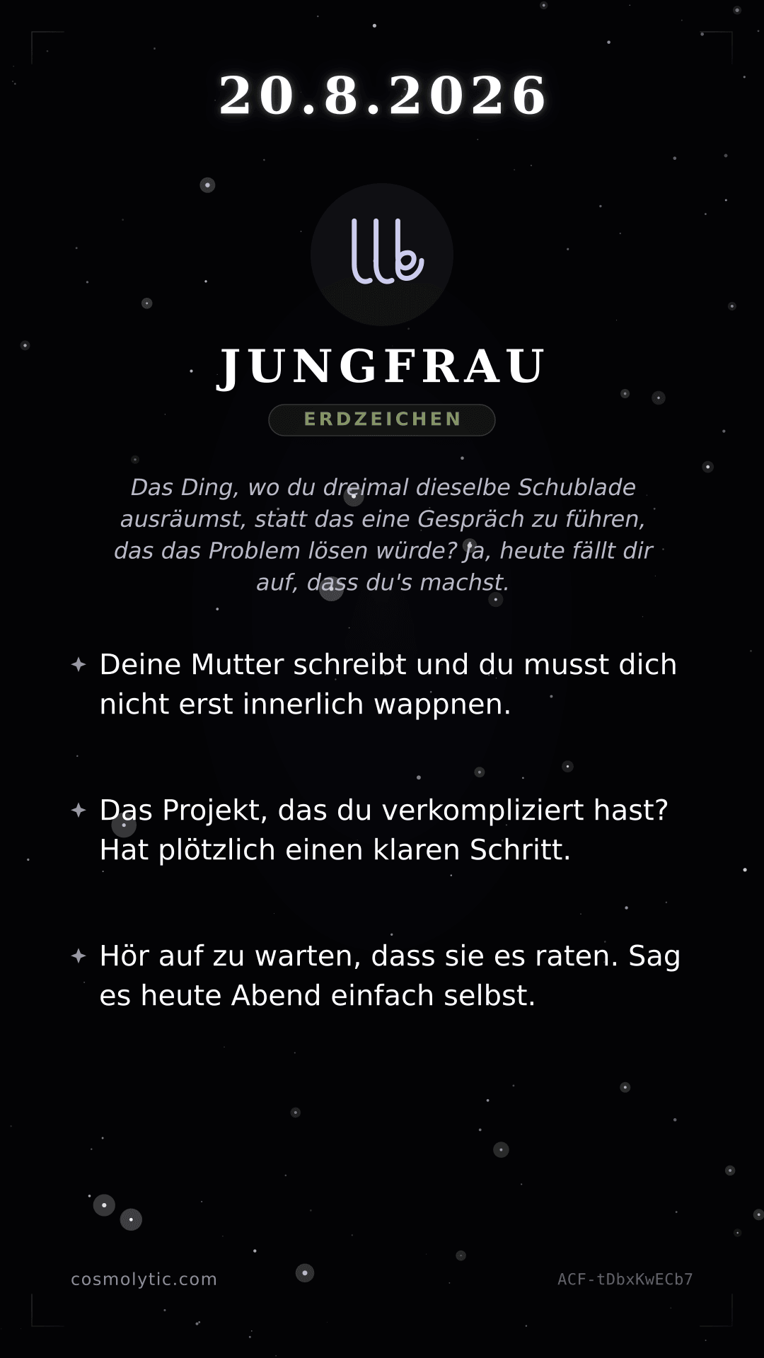 Jungfrau Tageshoroskop-Karte für 20. August 2026