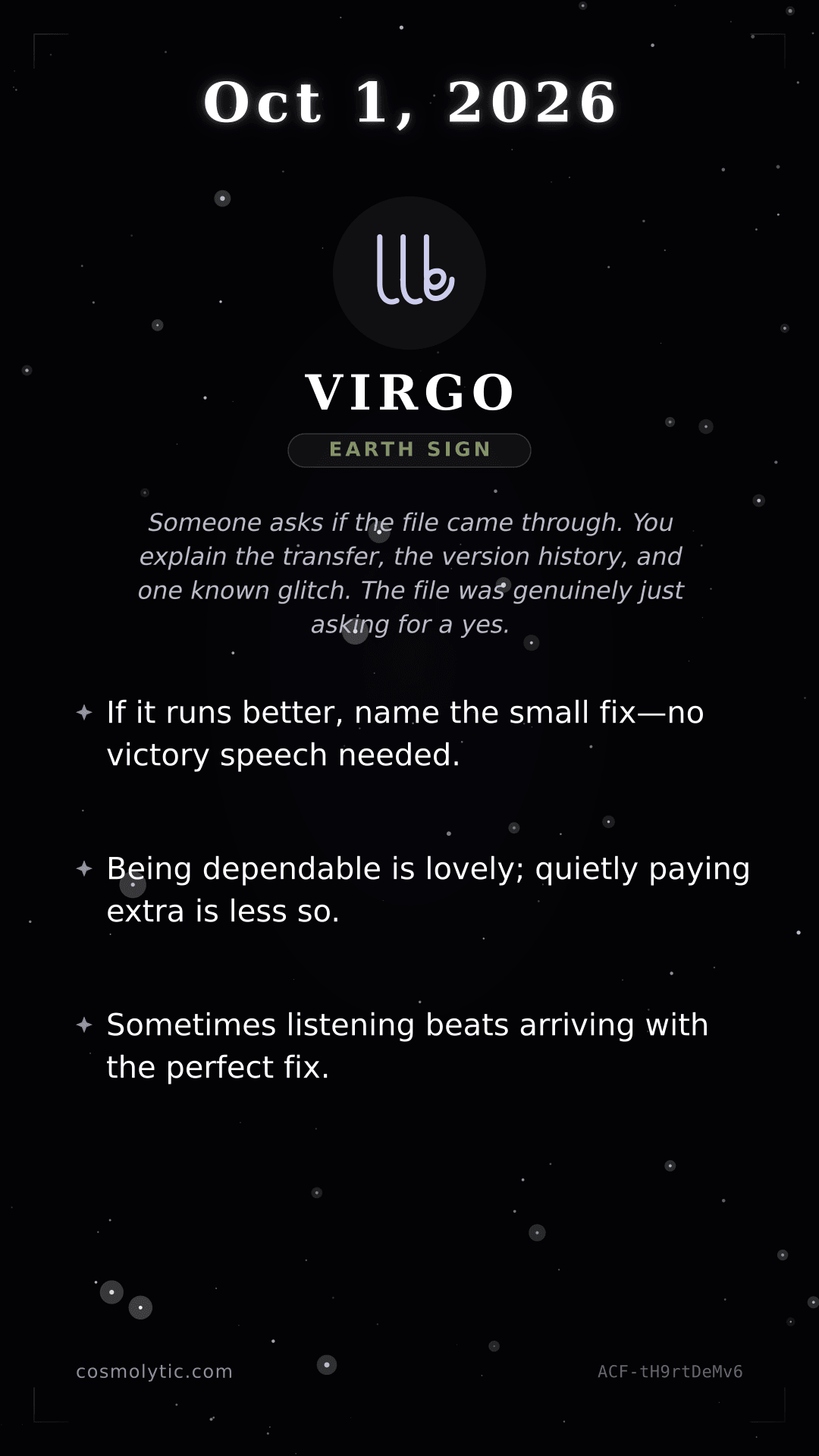 Virgo daily horoscope card for October 1, 2026