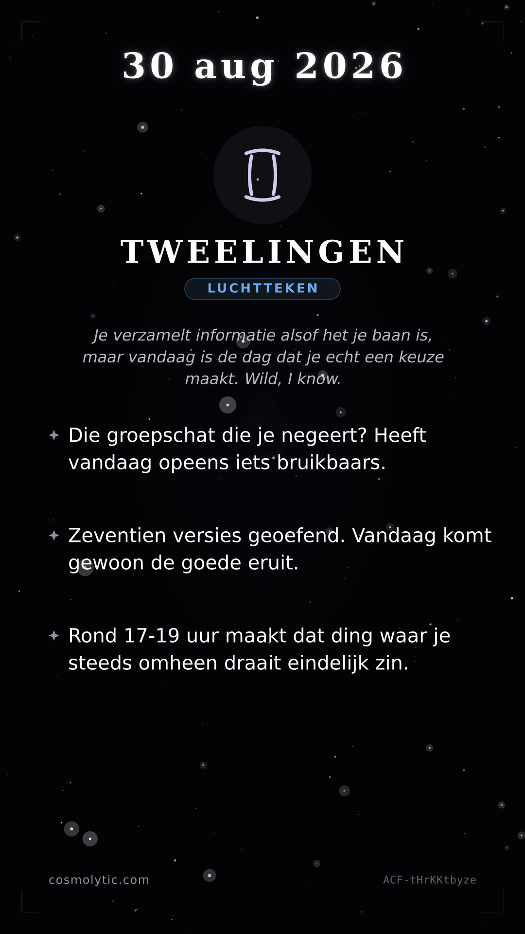 Tweelingen daghoroscoop kaart voor 30 augustus 2026
