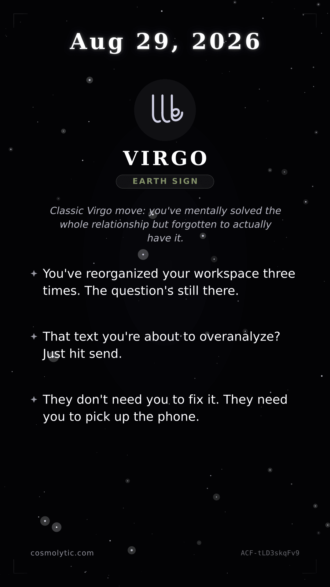 Virgo daily horoscope card for August 29, 2026
