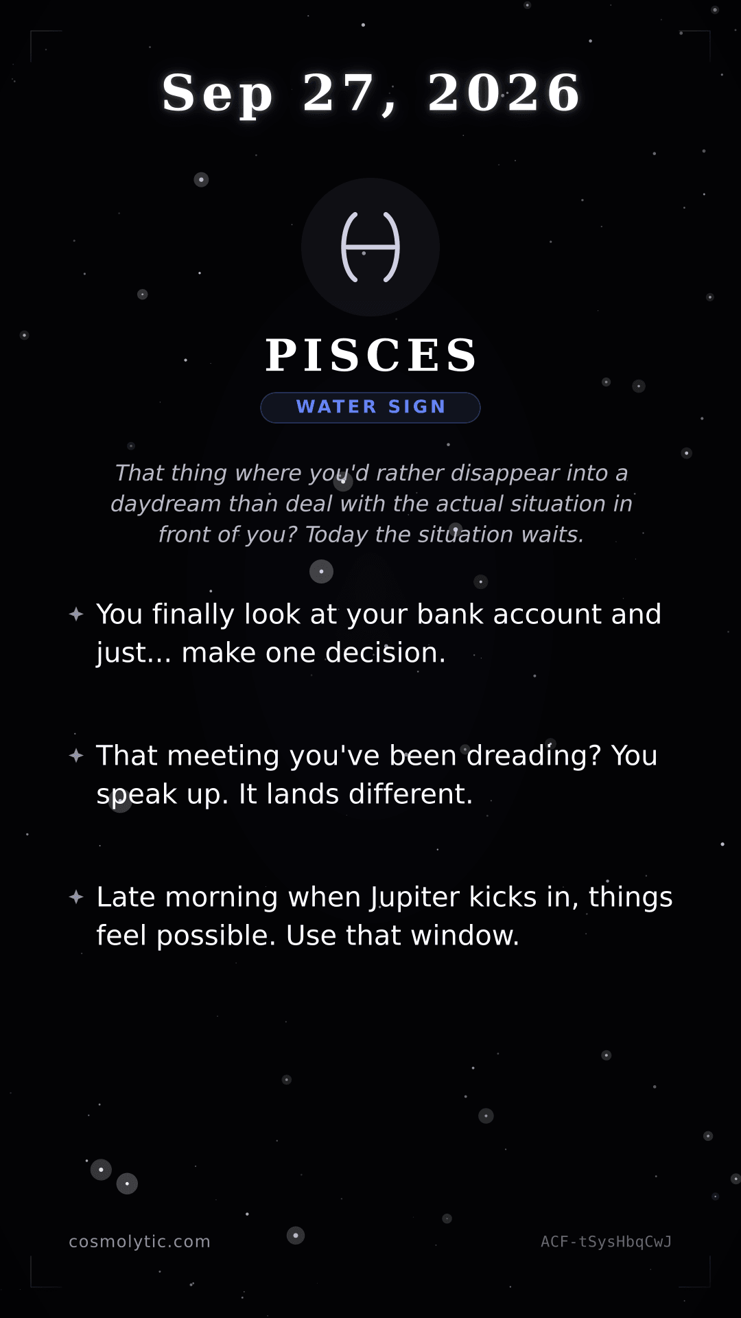Pisces daily horoscope card for September 27, 2026