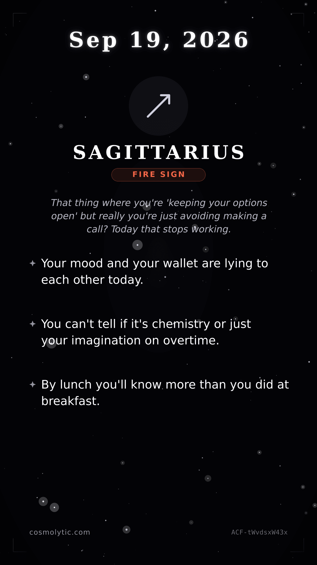 Sagittarius daily horoscope card for September 19, 2026