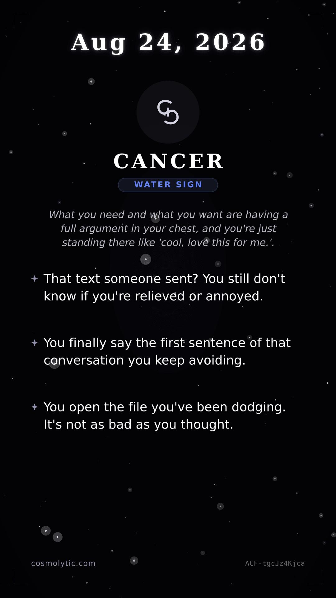 Cancer daily horoscope card for August 24, 2026