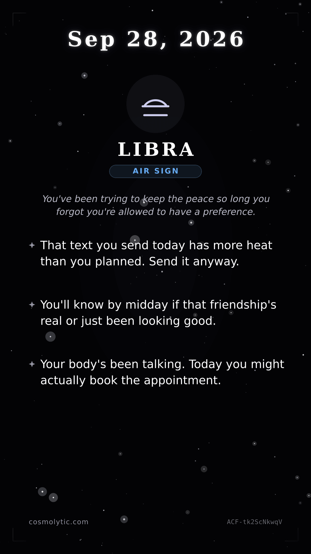 Libra daily horoscope card for September 28, 2026