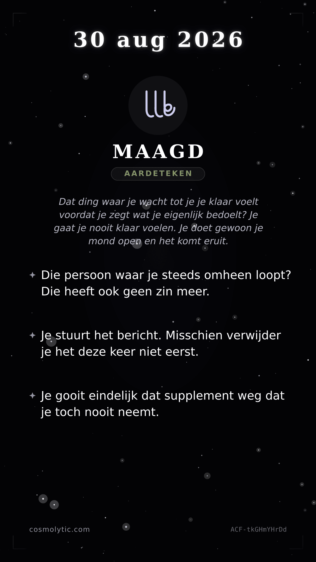 Maagd daghoroscoop kaart voor 30 augustus 2026