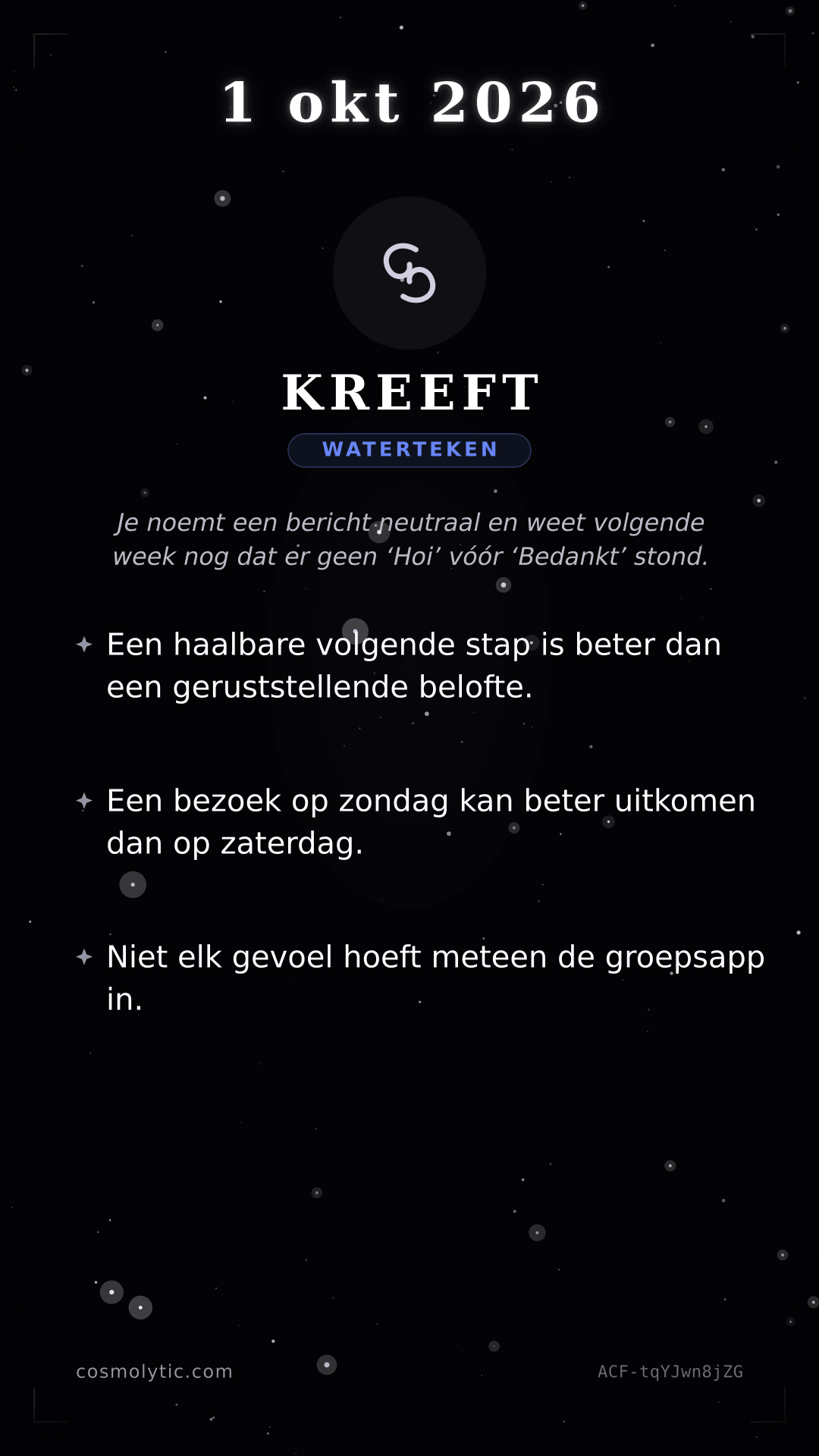Kreeft daghoroscoop kaart voor 1 oktober 2026