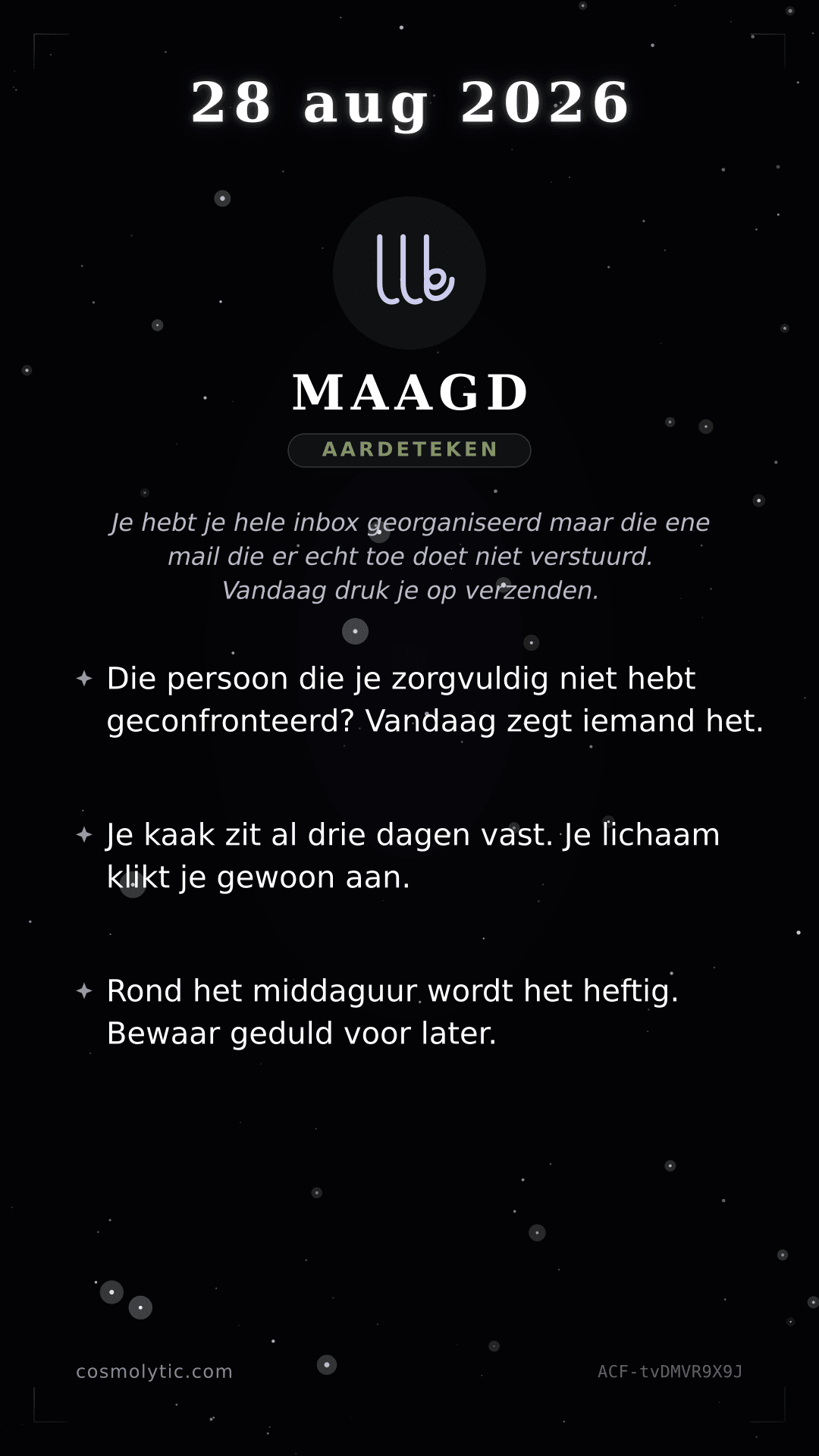 Maagd daghoroscoop kaart voor 28 augustus 2026