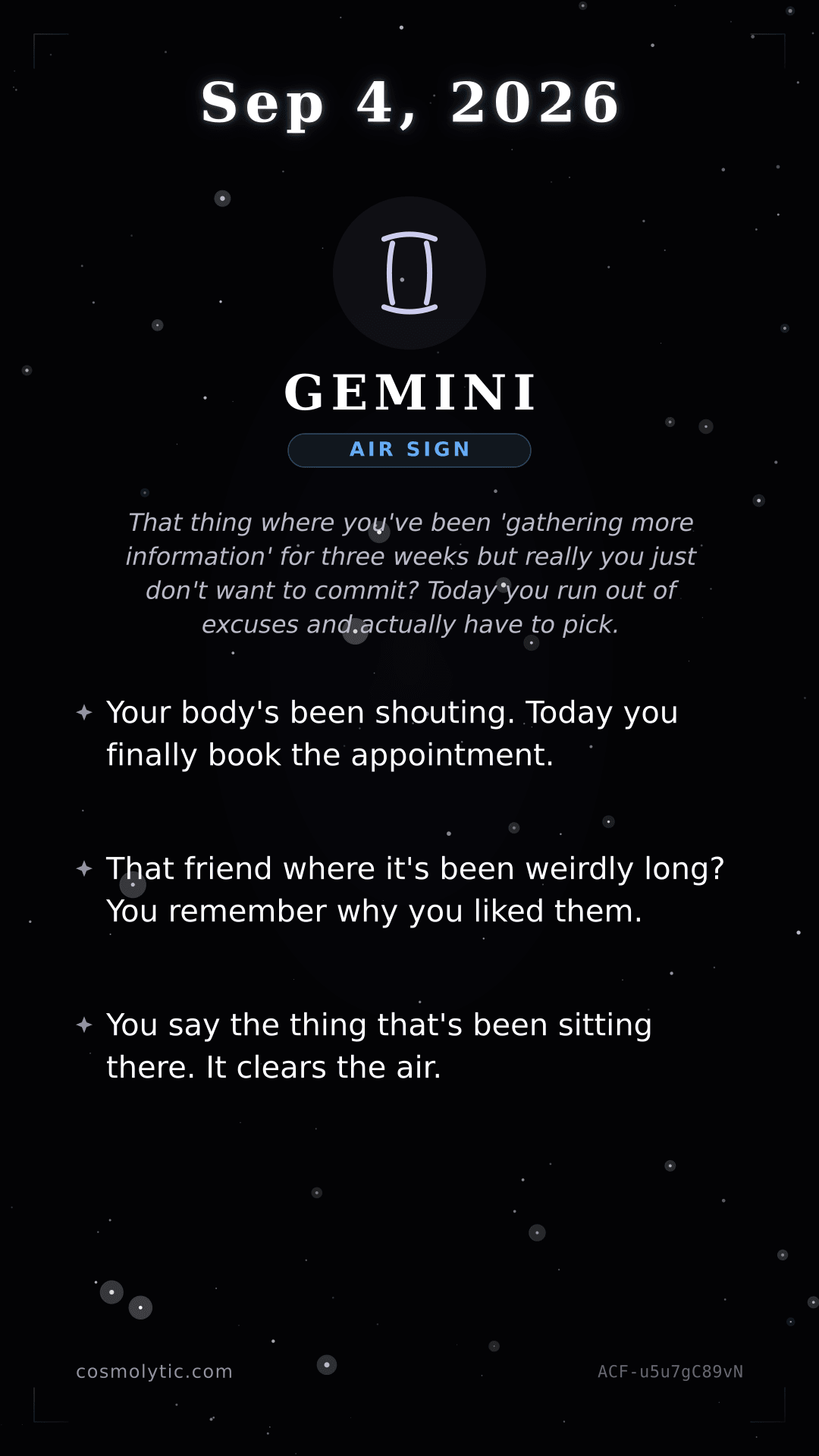 Gemini daily horoscope card for September 4, 2026