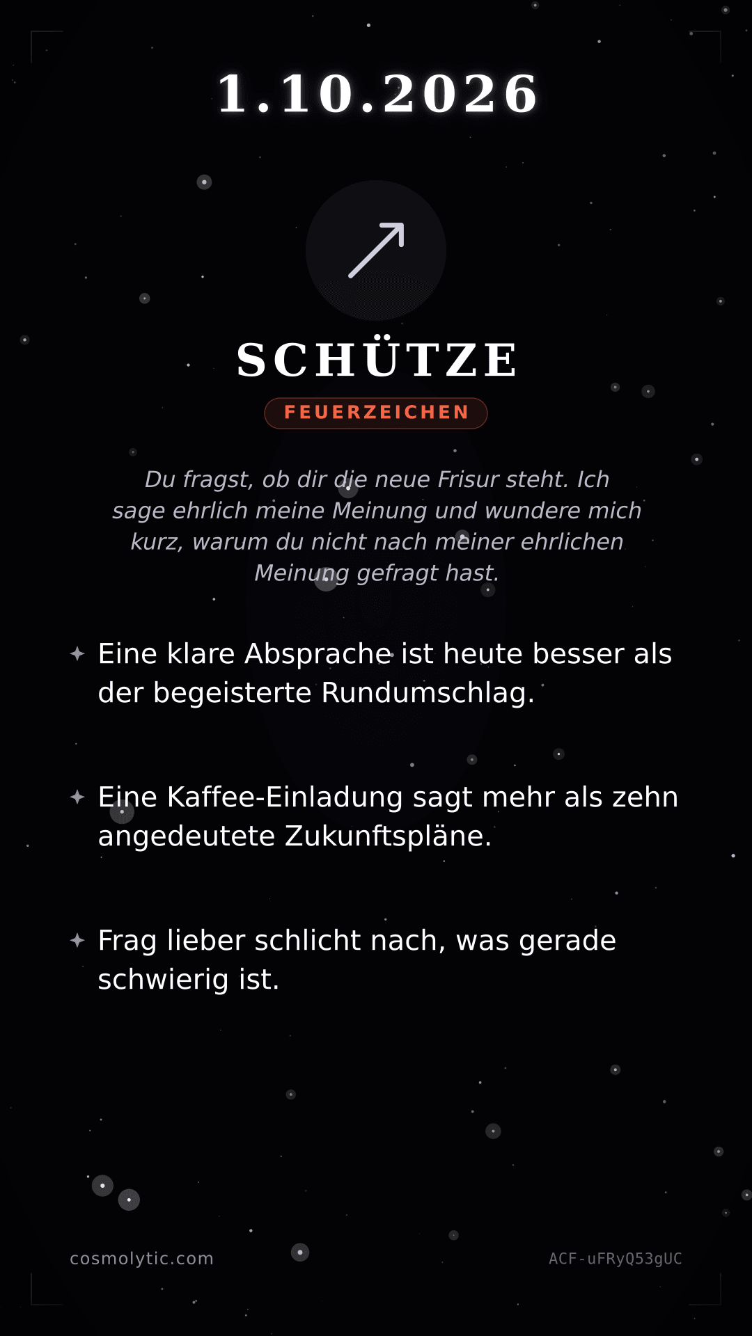 Schütze Tageshoroskop-Karte für 1. Oktober 2026