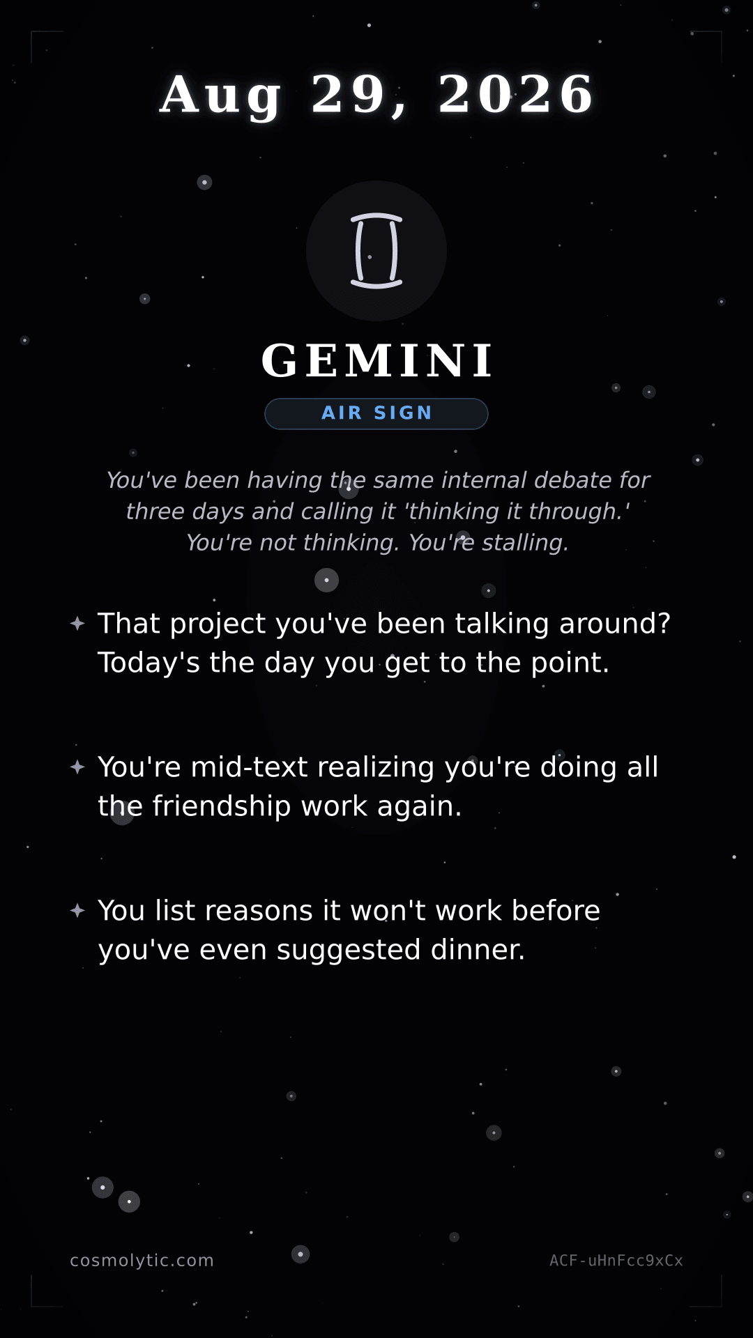 Gemini daily horoscope card for August 29, 2026