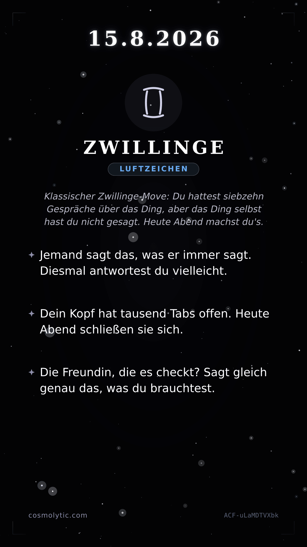 Zwillinge Tageshoroskop-Karte für 15. August 2026