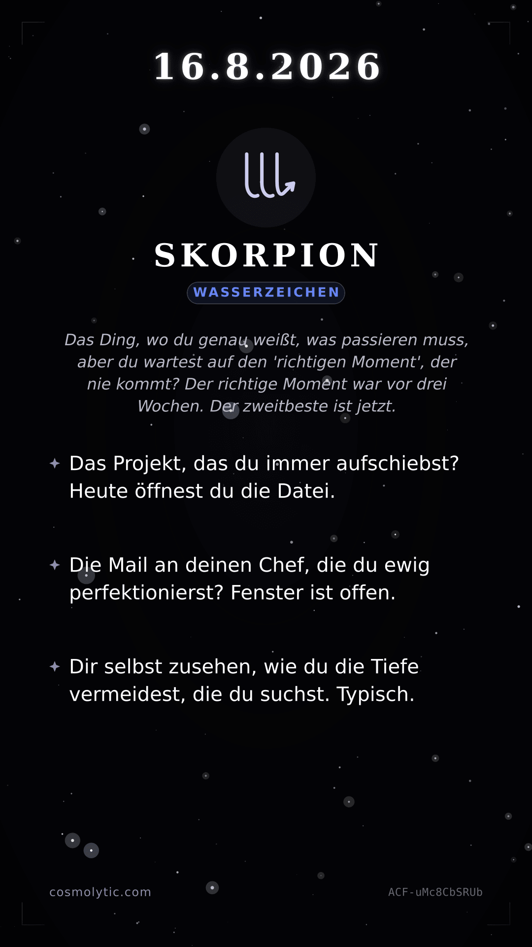 Skorpion Tageshoroskop-Karte für 16. August 2026