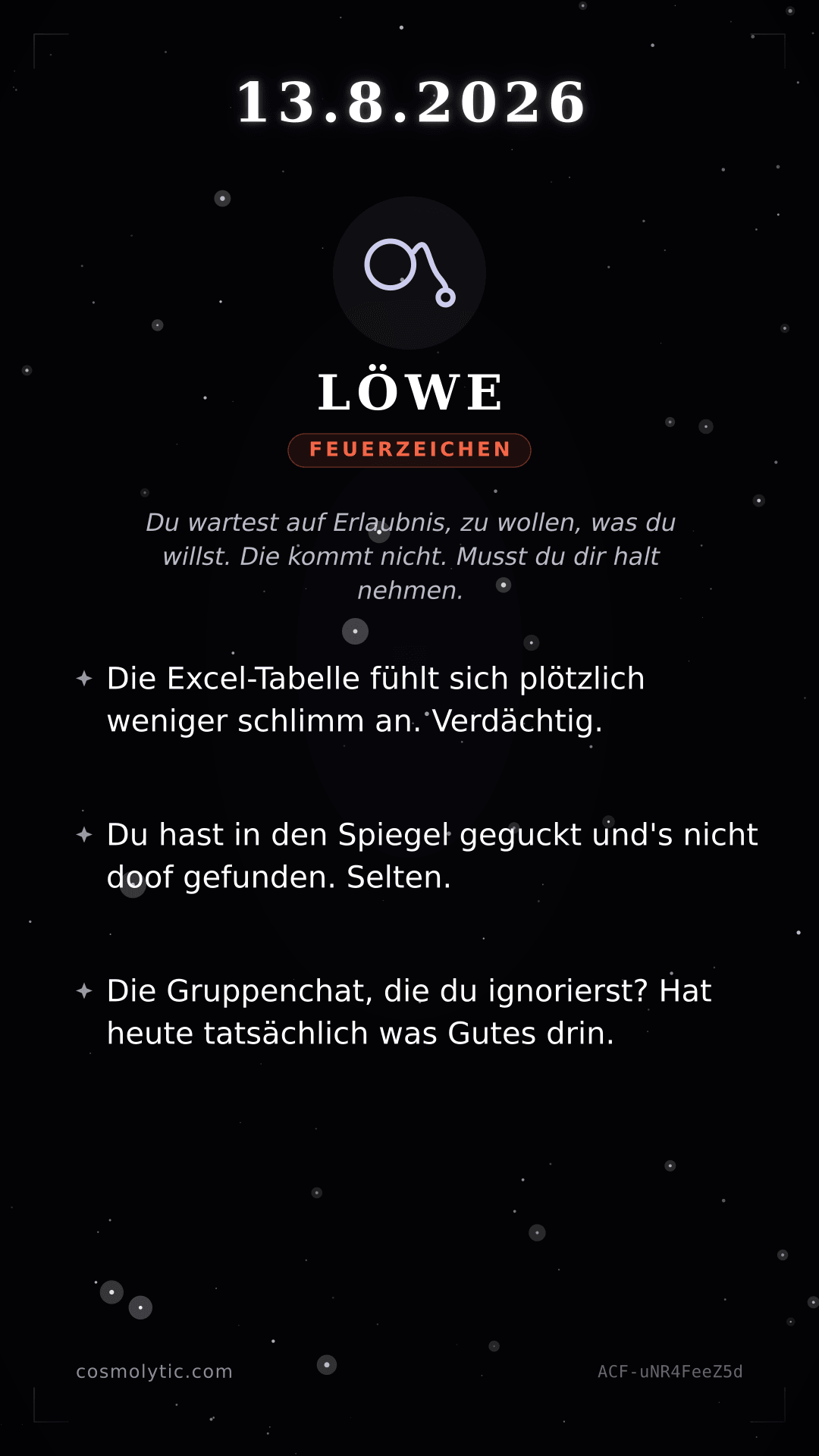 Löwe Tageshoroskop-Karte für 13. August 2026