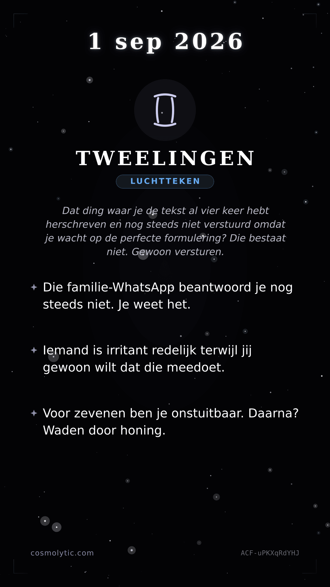 Tweelingen daghoroscoop kaart voor 1 september 2026