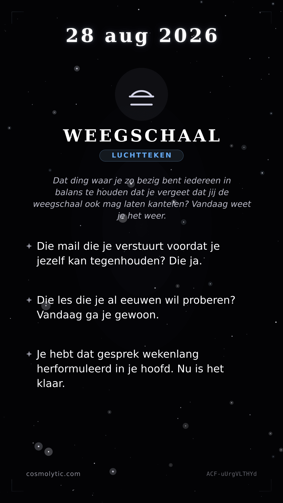 Weegschaal daghoroscoop kaart voor 28 augustus 2026