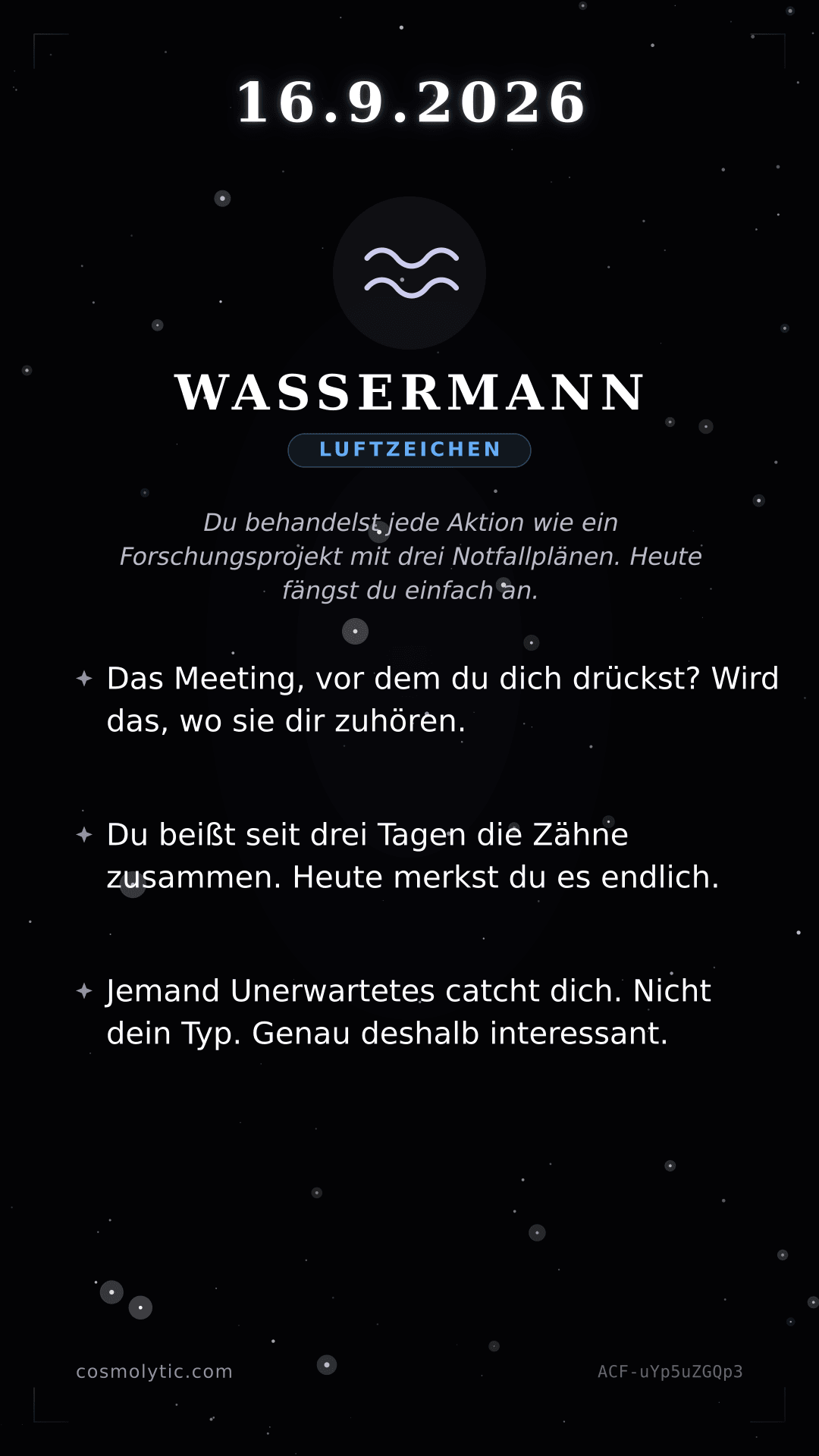 Wassermann Tageshoroskop-Karte für 16. September 2026