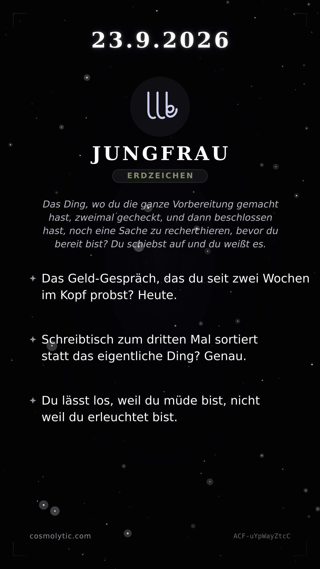 Jungfrau Tageshoroskop-Karte für 23. September 2026