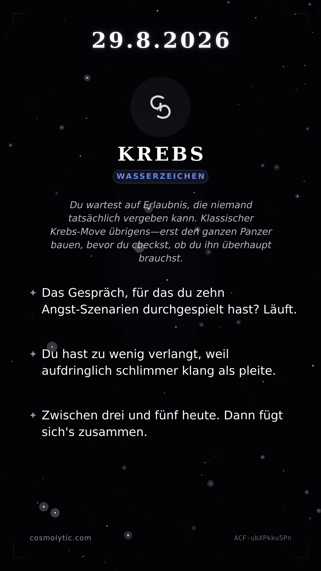 Krebs Tageshoroskop-Karte für 29. August 2026