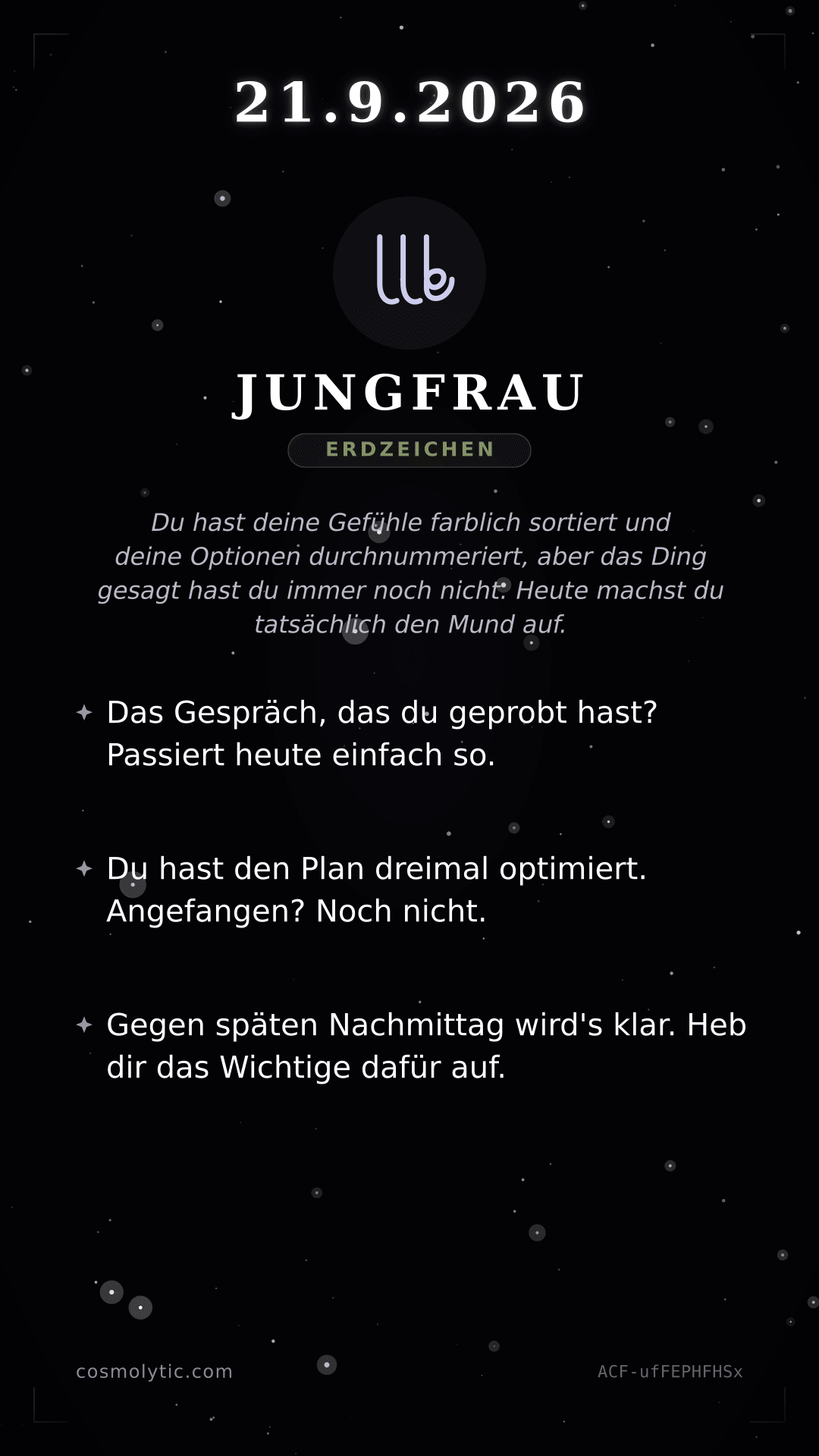 Jungfrau Tageshoroskop-Karte für 21. September 2026