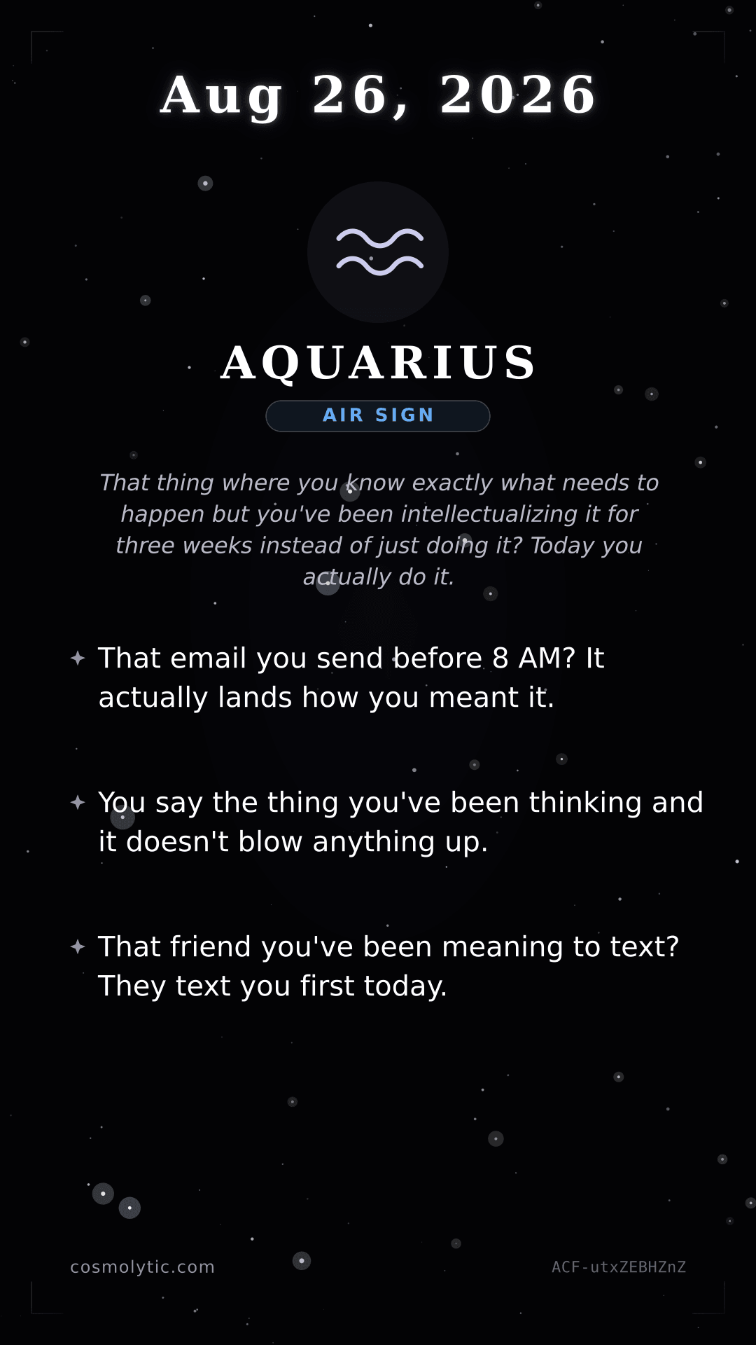 Aquarius daily horoscope card for August 26, 2026