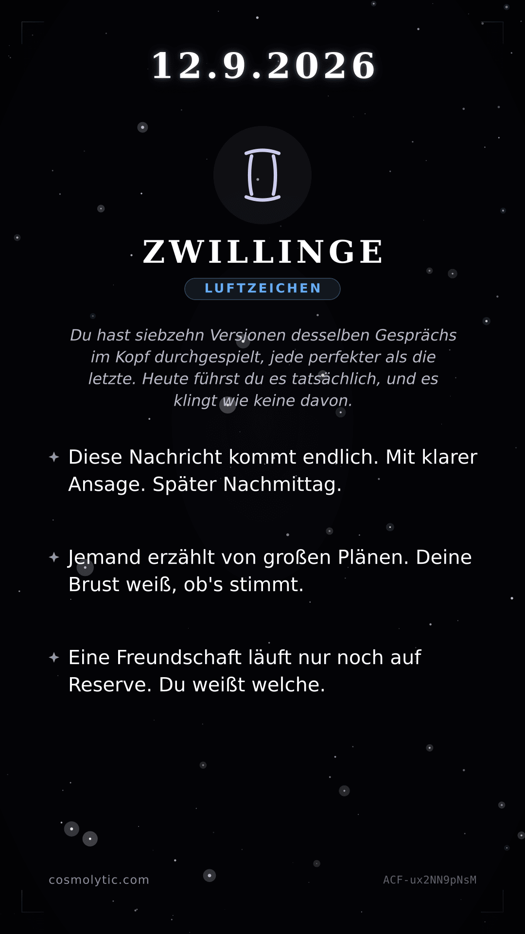 Zwillinge Tageshoroskop-Karte für 12. September 2026