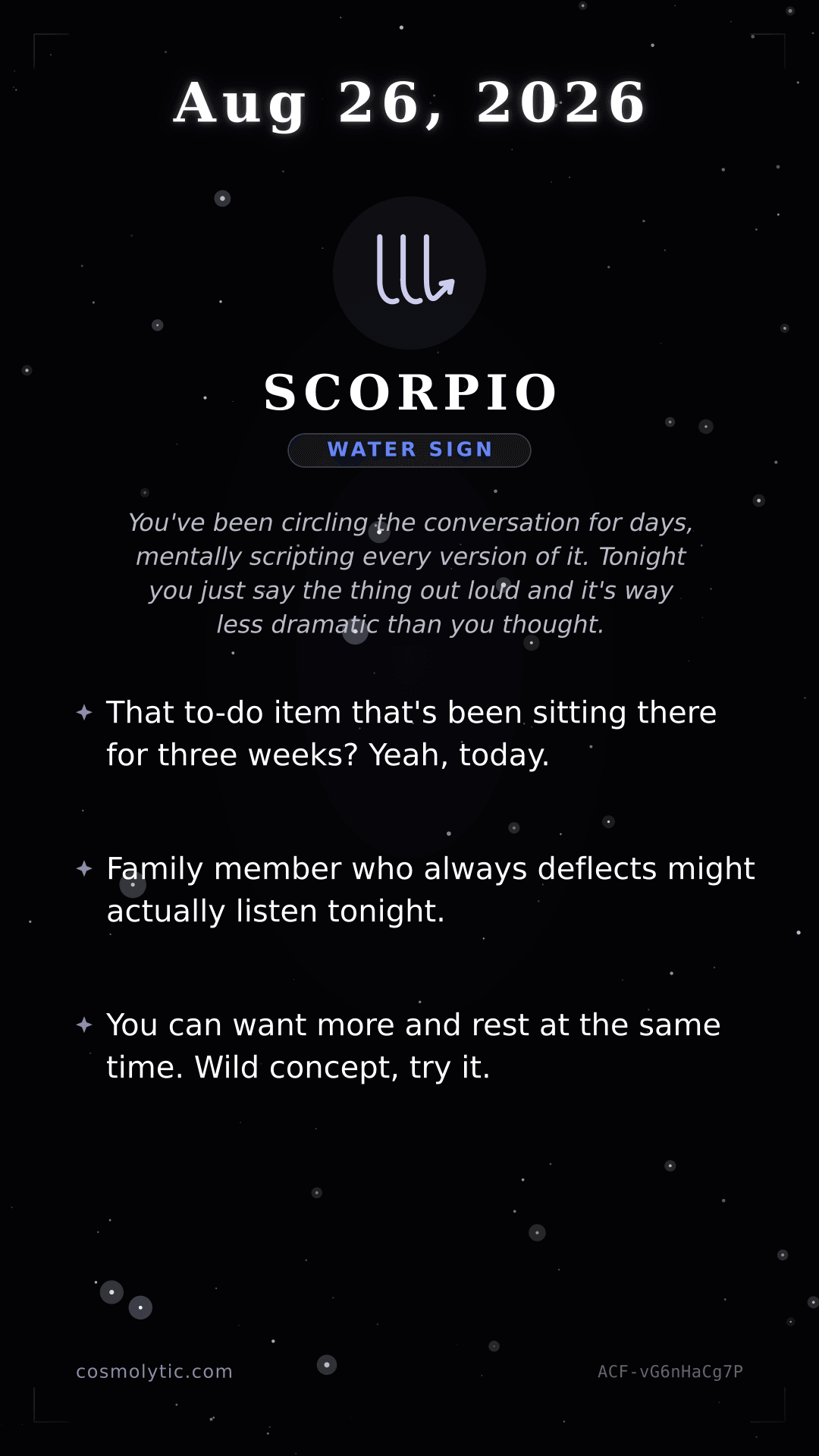Scorpio daily horoscope card for August 26, 2026