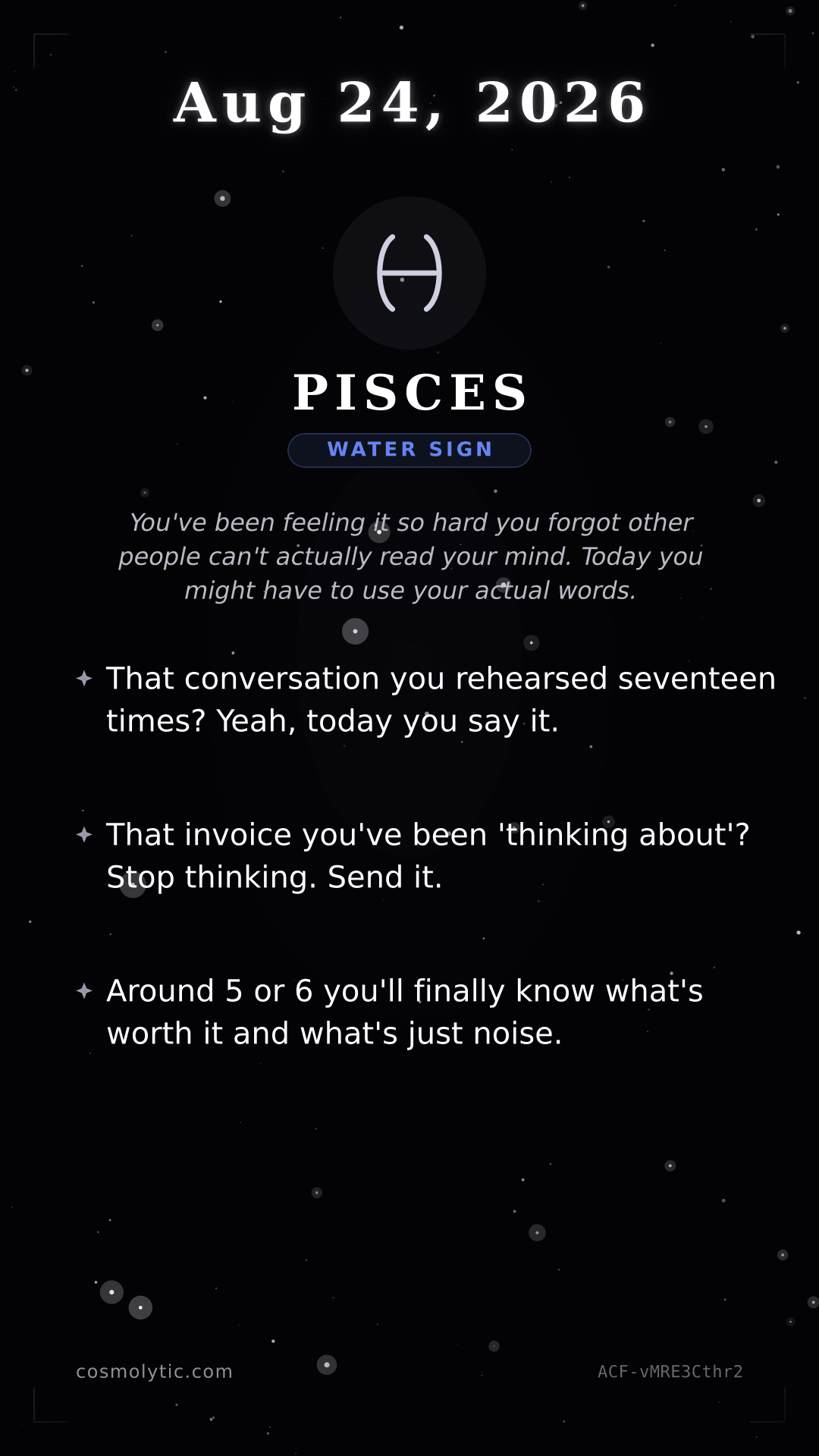 Pisces daily horoscope card for August 24, 2026