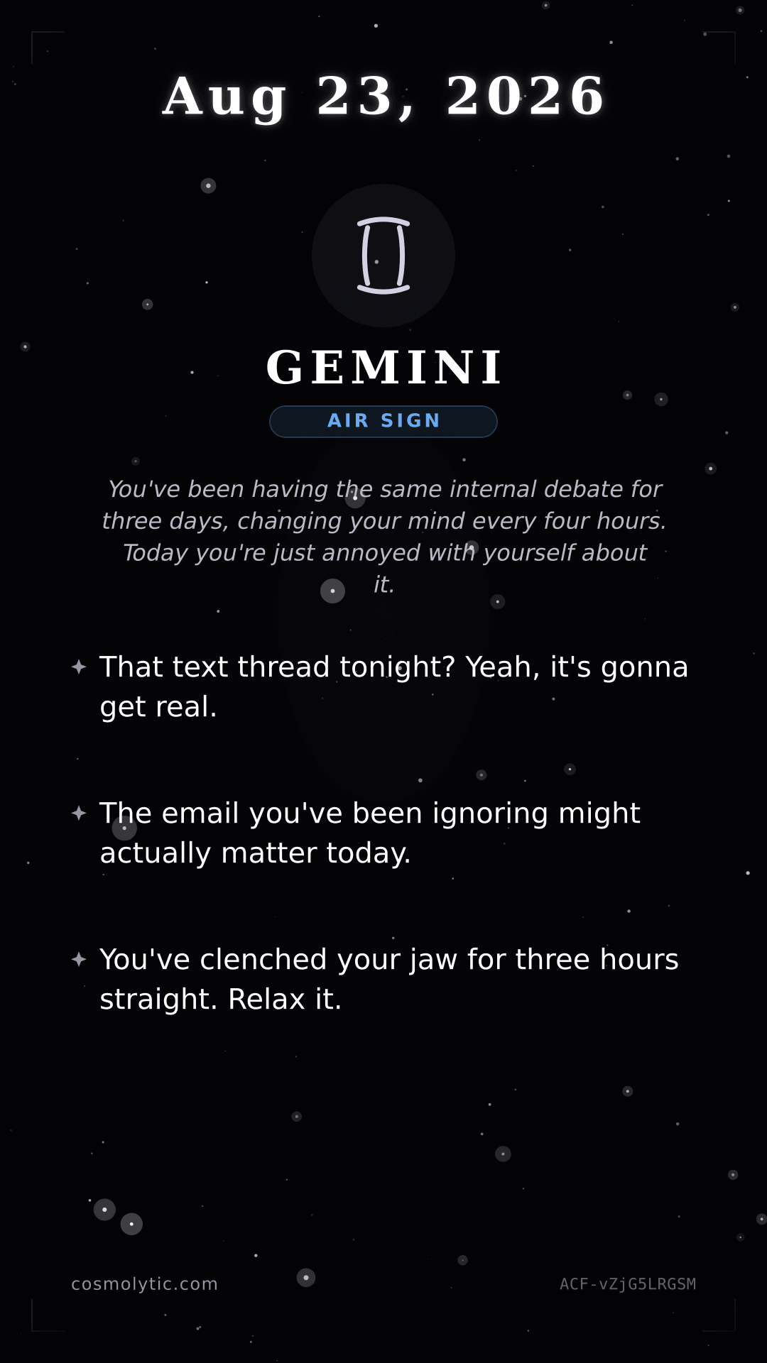 Gemini daily horoscope card for August 23, 2026